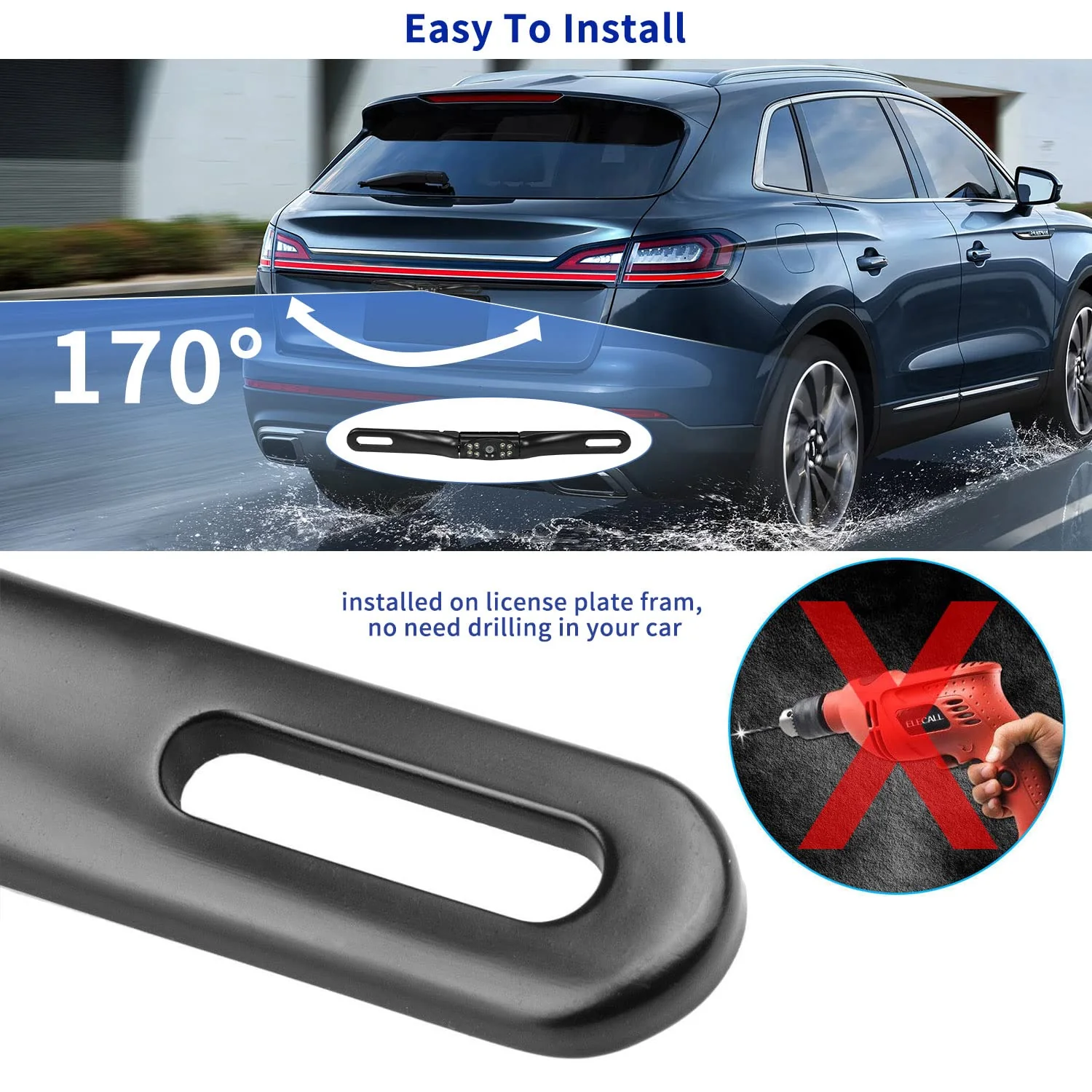 Kairiyard License Plate Backup Camera, Waterproof 170° View Rear View Reverse Camera Night Vision Back up Camera Systems for Cars Trucks Pickup SUVs Trailer License Plate Camera-Black - Image 4