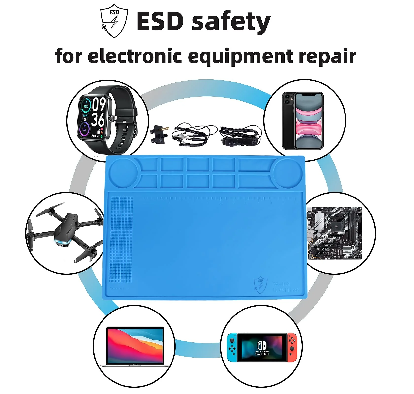 Kaisi Anti-Static Mat with ESD Wrist Strap and Grounding kit, Silicone Soldering Repair Work Mat 932°F Heat Resistant ESD Safe pad for Electronic, Phone, iPhone, iPad, iMac, Laptop, Computer, Watch - Image 6