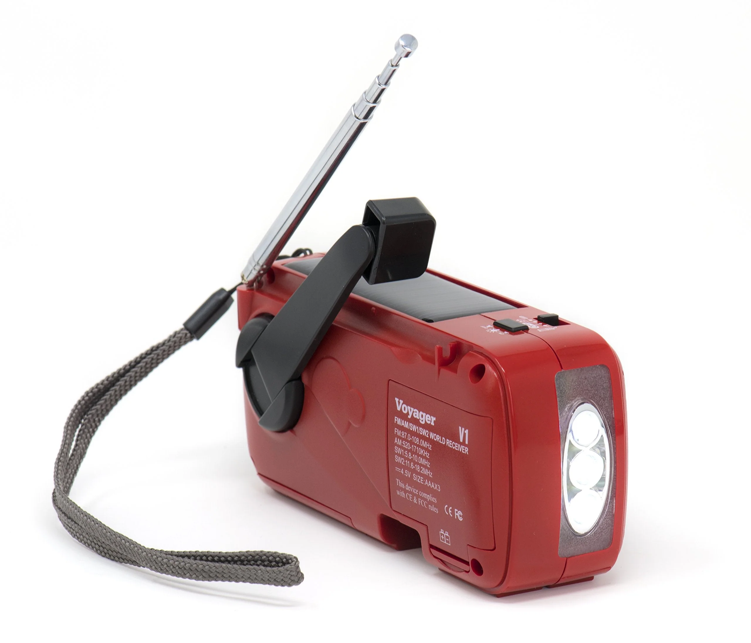 Kaito V1 Voyager Solar/Dynamo AM/FM/SW Emergency Radio with Cell Phone Charger and 3-LED Flashlight, Red - Image 2