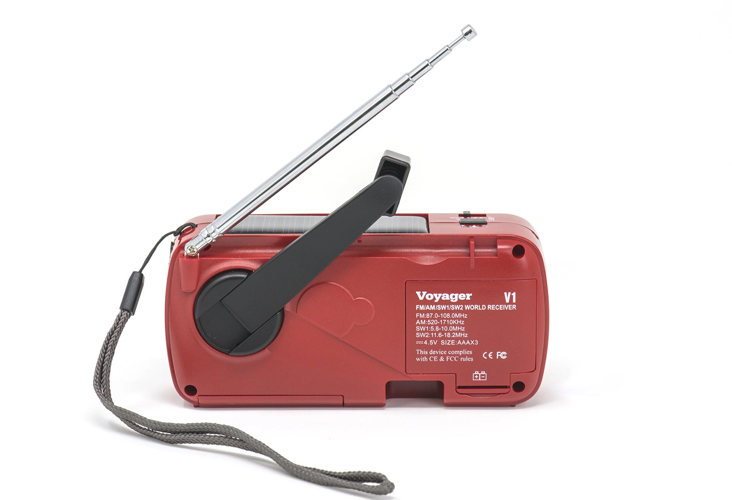 Kaito V1 Voyager Solar/Dynamo AM/FM/SW Emergency Radio with Cell Phone Charger and 3-LED Flashlight, Red - Image 3