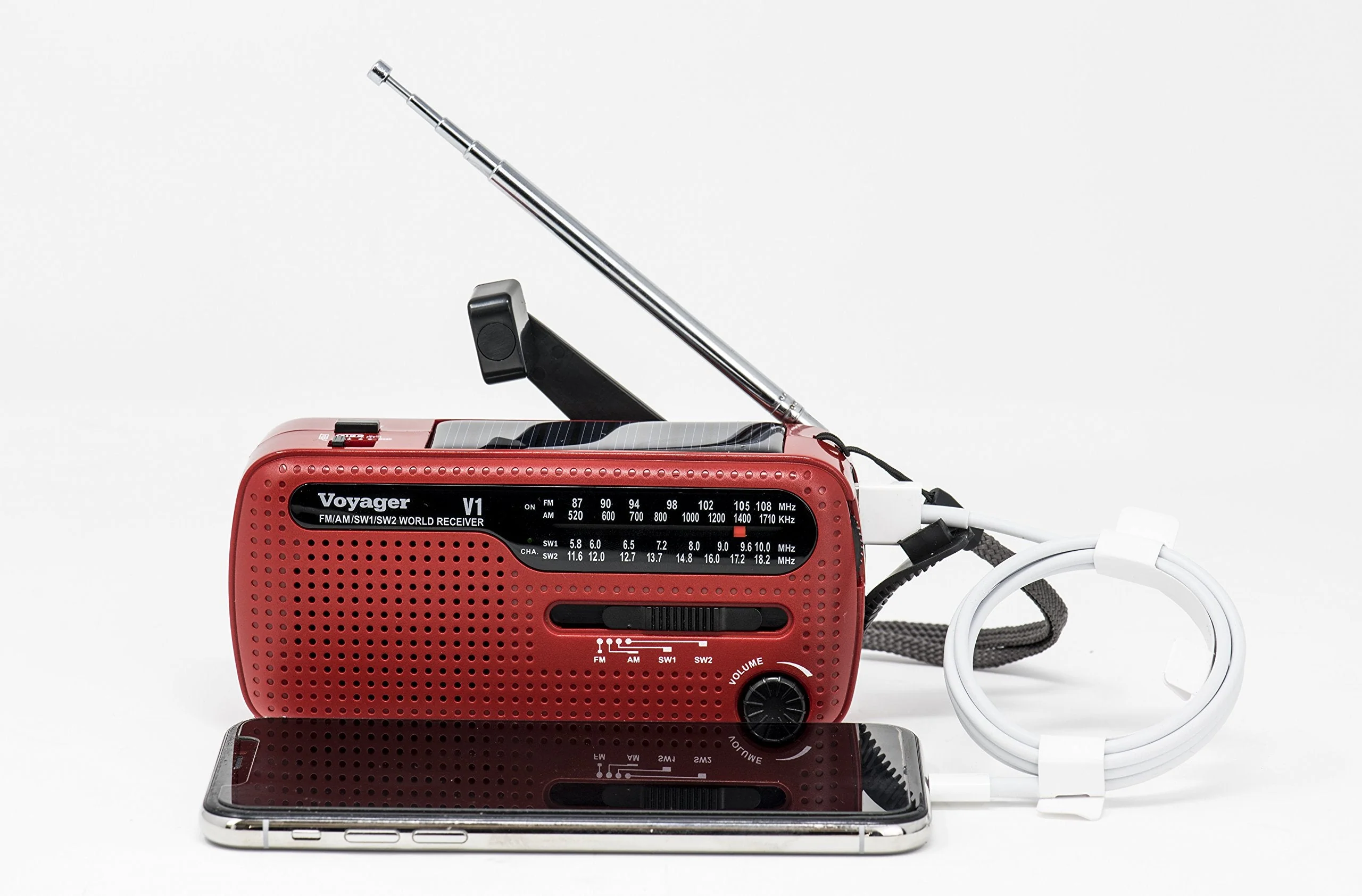 Kaito V1 Voyager Solar/Dynamo AM/FM/SW Emergency Radio with Cell Phone Charger and 3-LED Flashlight, Red - Image 6
