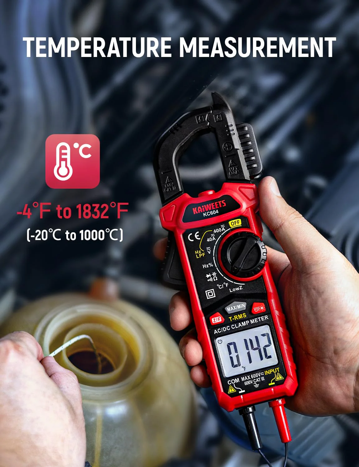 KAIWEETS Digital Clamp Meter Multimeter with D-Shaped Jaw for AC/DC Current & Voltage, Auto-ranging 4000 Counts Voltage Tester with Flashlight Backlight, Measuring Temperature Continuity Diode NCV - Image 5