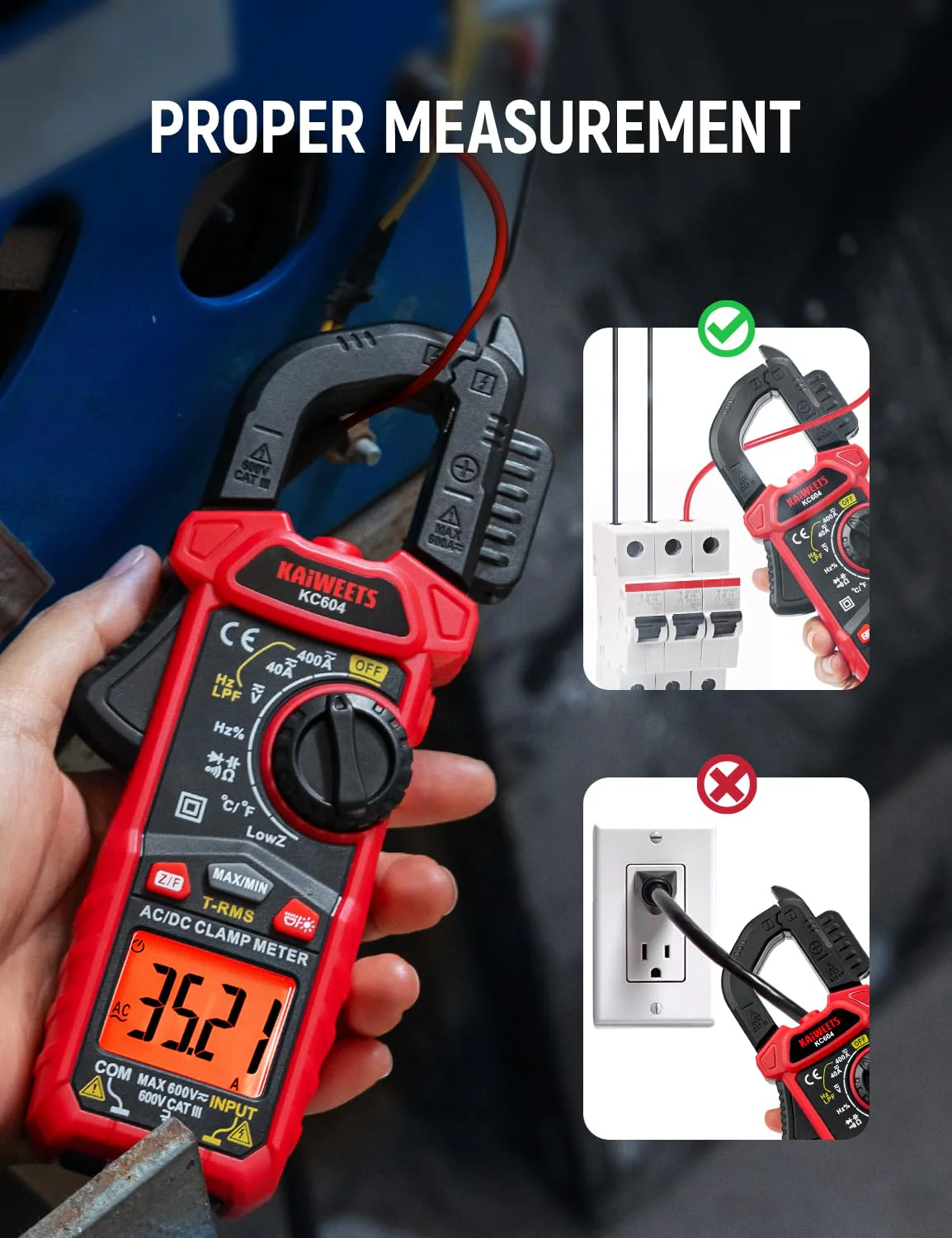KAIWEETS Digital Clamp Meter Multimeter with D-Shaped Jaw for AC/DC Current & Voltage, Auto-ranging 4000 Counts Voltage Tester with Flashlight Backlight, Measuring Temperature Continuity Diode NCV - Image 6