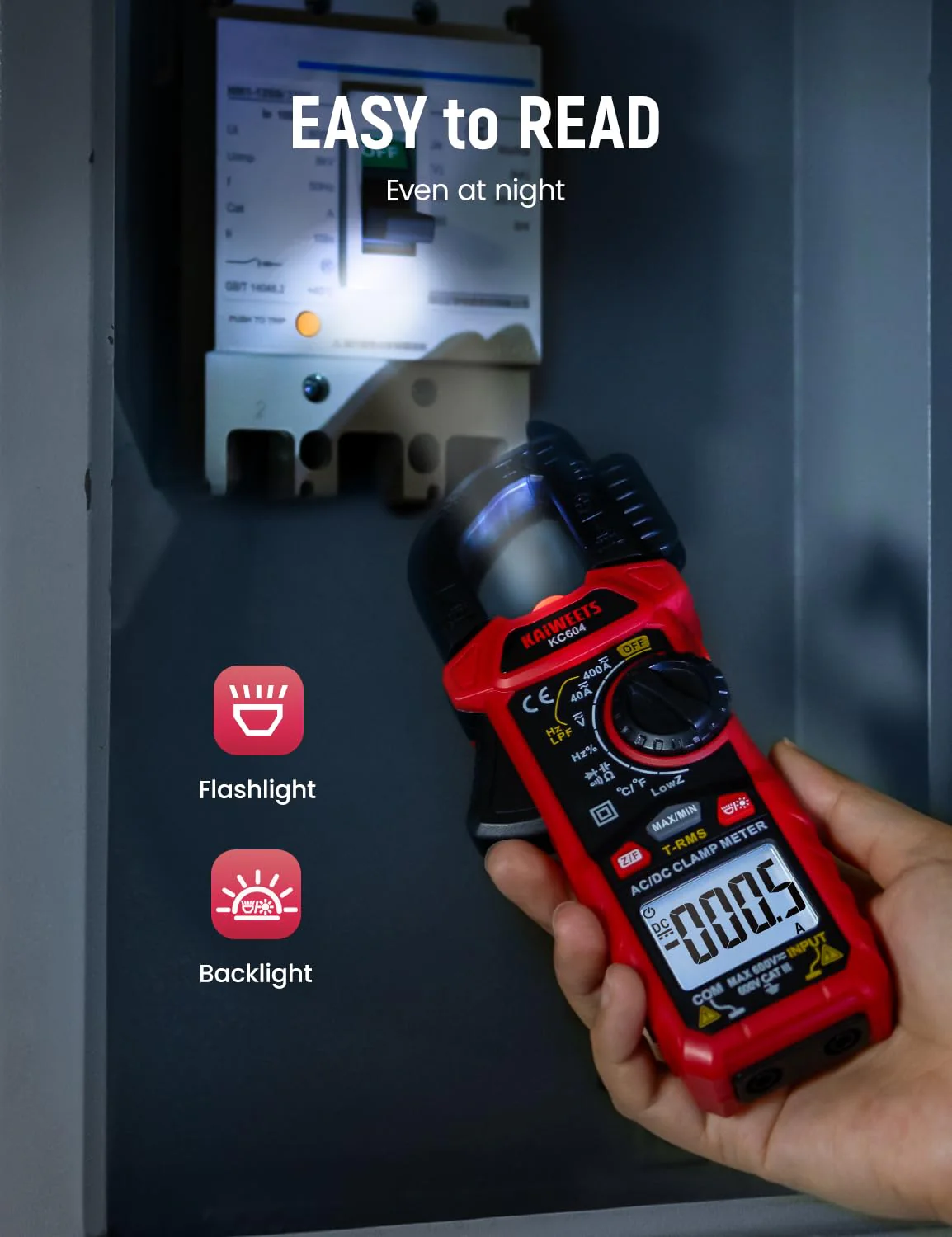 KAIWEETS Digital Clamp Meter Multimeter with D-Shaped Jaw for AC/DC Current & Voltage, Auto-ranging 4000 Counts Voltage Tester with Flashlight Backlight, Measuring Temperature Continuity Diode NCV - Image 7