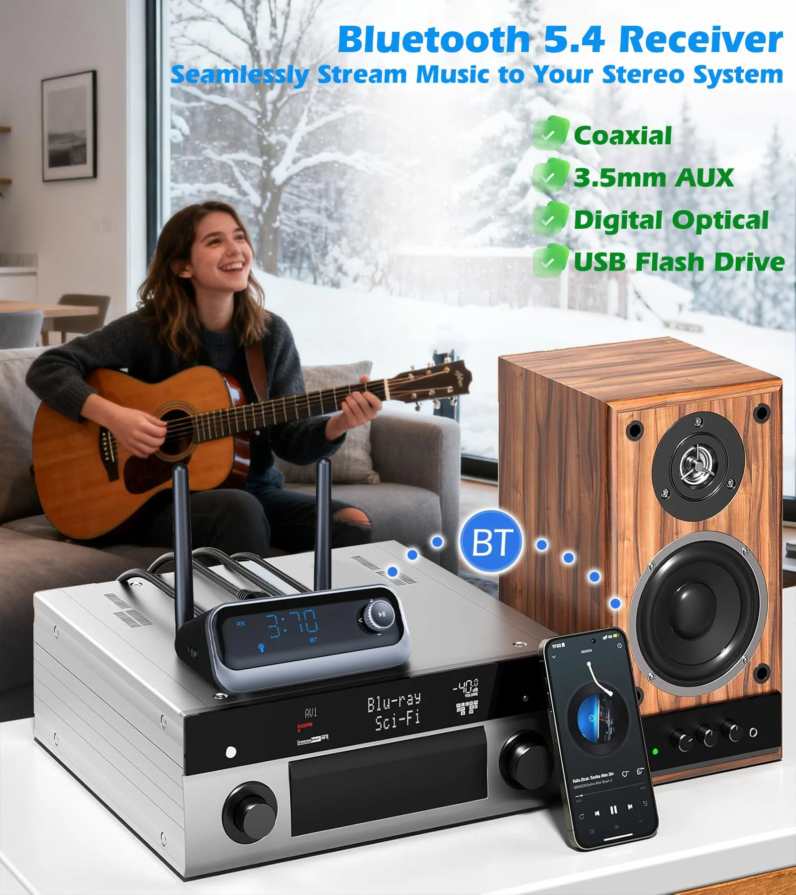KAIY Bluetooth Receiver for Home Stereo, Low Latency Optical & Coaxial Bluetooth Audio Adapter with 3.5mm AUX, Wireless Music Adapter for Vintage Amplifier & Wired Speakers, USB Drive Playback - Image 2