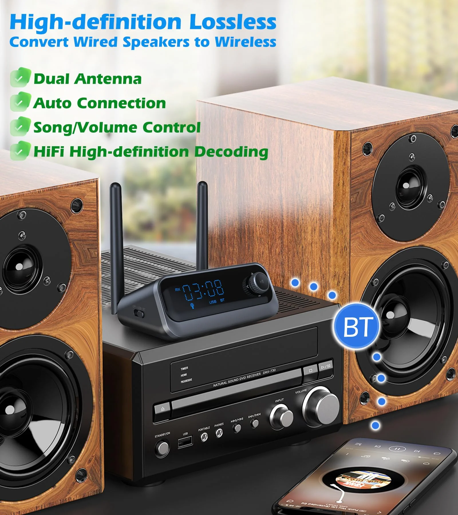 KAIY Bluetooth Receiver for Home Stereo, Low Latency Optical & Coaxial Bluetooth Audio Adapter with 3.5mm AUX, Wireless Music Adapter for Vintage Amplifier & Wired Speakers, USB Drive Playback - Image 4
