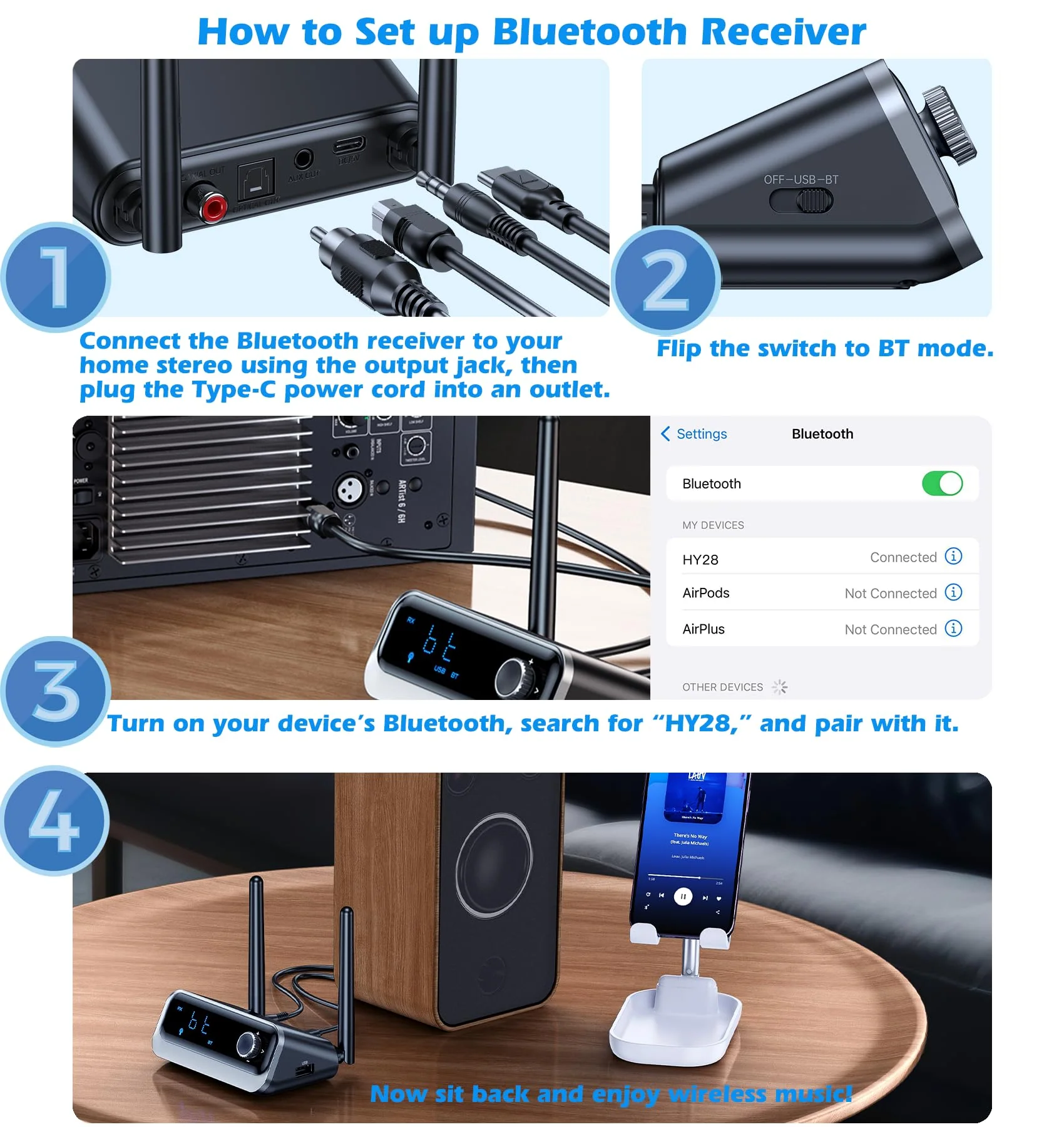 KAIY Bluetooth Receiver for Home Stereo, Low Latency Optical & Coaxial Bluetooth Audio Adapter with 3.5mm AUX, Wireless Music Adapter for Vintage Amplifier & Wired Speakers, USB Drive Playback - Image 9