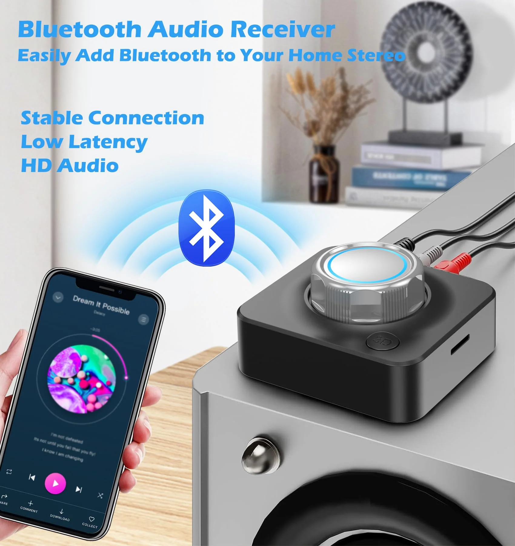 KAIY Bluetooth Receiver for Home Stereo, RCA to Bluetooth Adapter HiFi Music Adapter with 3D Surround Low Latency, Bluetooth RCA Adapter for Old Speakers/Car Stereo, Support TF Card/3.5mm Auxiliary - Image 2