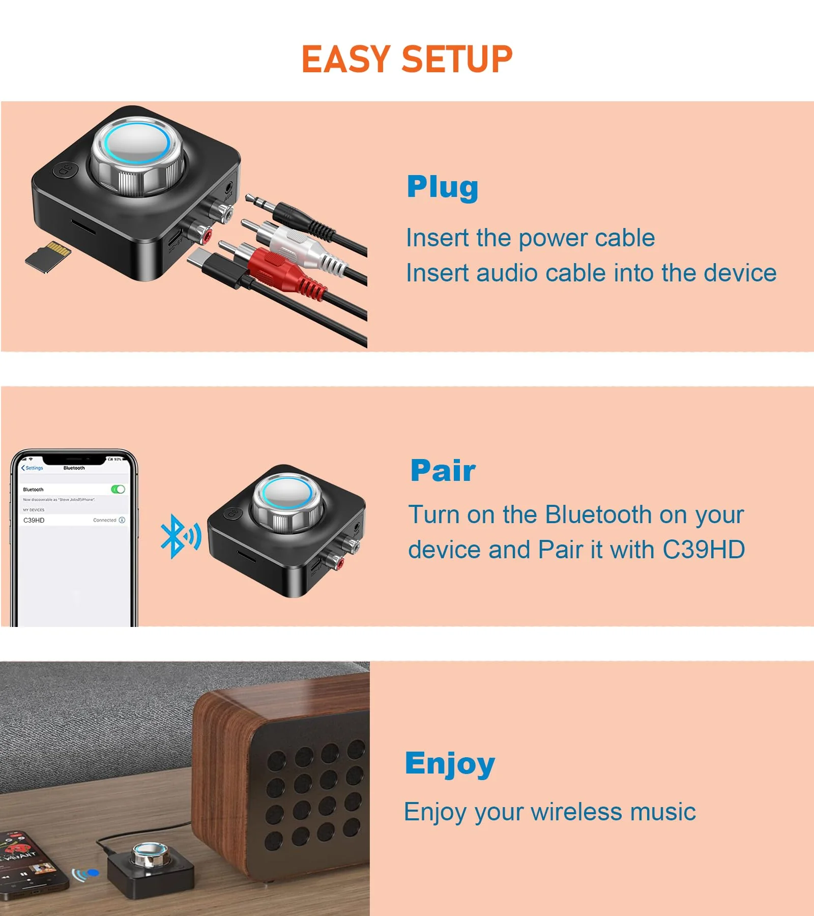 KAIY Bluetooth Receiver for Home Stereo, RCA to Bluetooth Adapter HiFi Music Adapter with 3D Surround Low Latency, Bluetooth RCA Adapter for Old Speakers/Car Stereo, Support TF Card/3.5mm Auxiliary - Image 8
