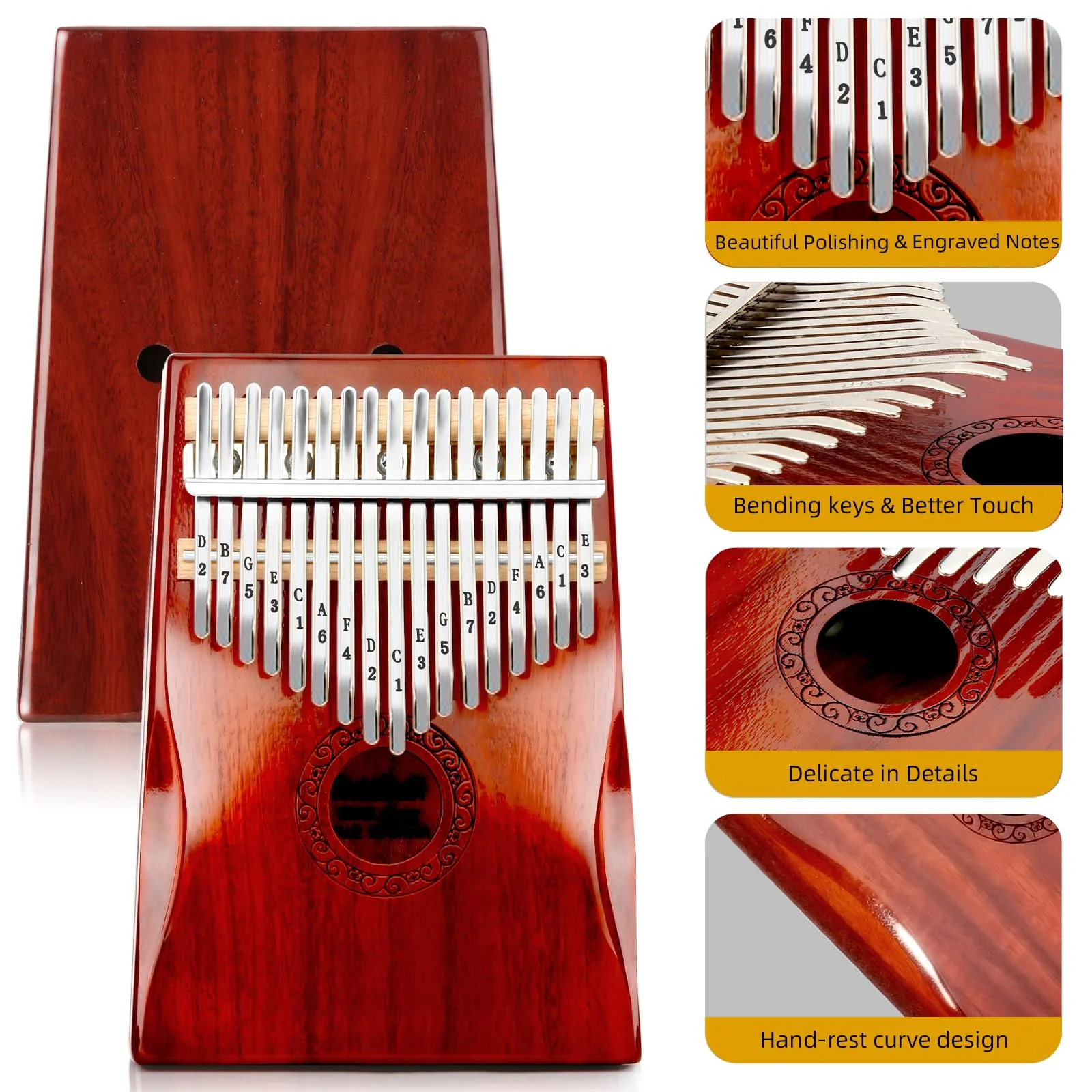 Kalimba Thumb Piano,YUNDIE Portable 17 Keys Mbira Finger Piano with Tune Hammer and Study Instruction,Musical Instruments Gift for Adult Beginners Professional(Brownish Red) (17 Keys) - Image 2
