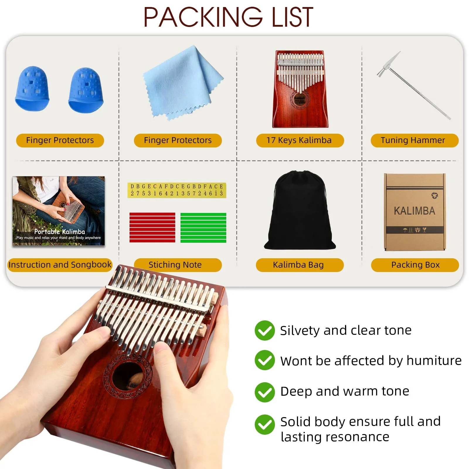 Kalimba Thumb Piano,YUNDIE Portable 17 Keys Mbira Finger Piano with Tune Hammer and Study Instruction,Musical Instruments Gift for Adult Beginners Professional(Brownish Red) (17 Keys) - Image 5