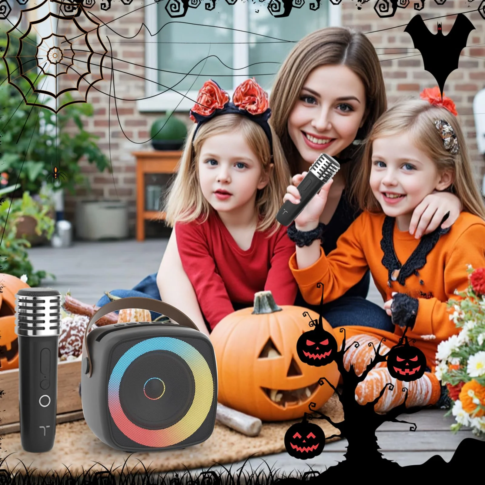 Karaoke Machine 2 Microphones for Home Party with Phone Holder, Wireless Portable Bluetooth Speaker with Dynamic Lights for Kids Adults Mini Voice Changer Mic Speaker Set for Halloween Christmas Girls Black - Image 3