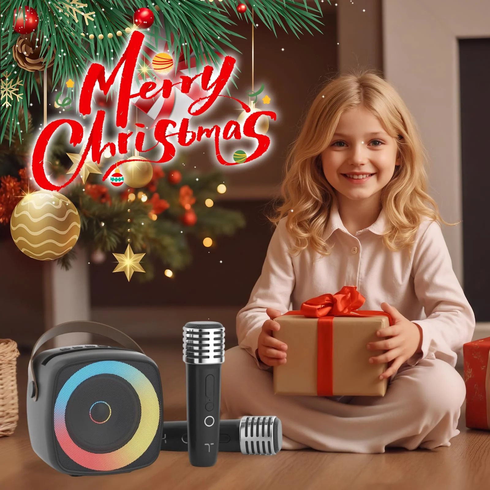 Karaoke Machine 2 Microphones for Home Party with Phone Holder, Wireless Portable Bluetooth Speaker with Dynamic Lights for Kids Adults Mini Voice Changer Mic Speaker Set for Halloween Christmas Girls Black - Image 4