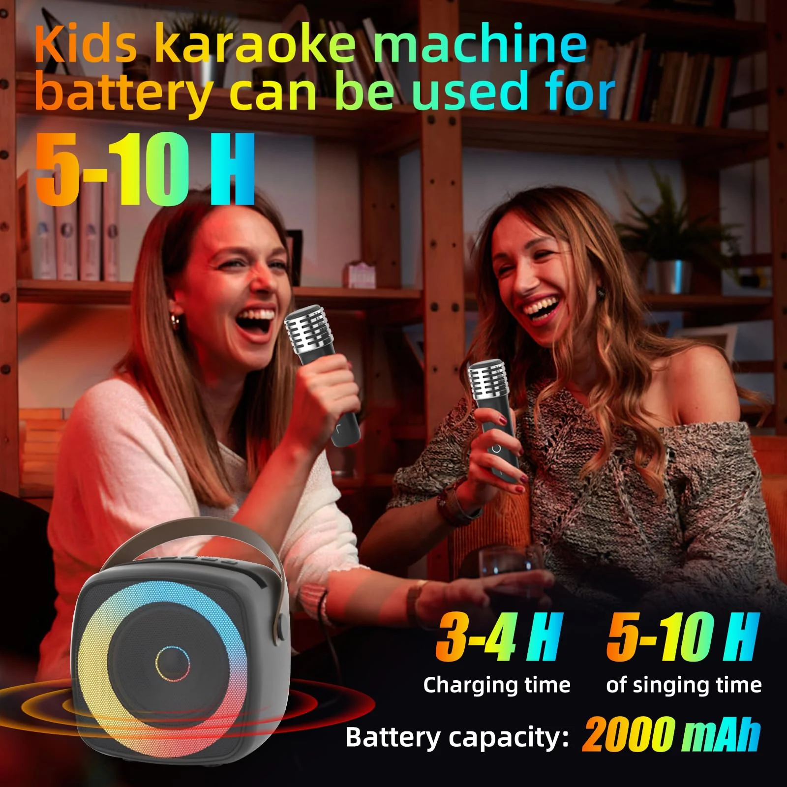 Karaoke Machine 2 Microphones for Home Party with Phone Holder, Wireless Portable Bluetooth Speaker with Dynamic Lights for Kids Adults Mini Voice Changer Mic Speaker Set for Halloween Christmas Girls Black - Image 7