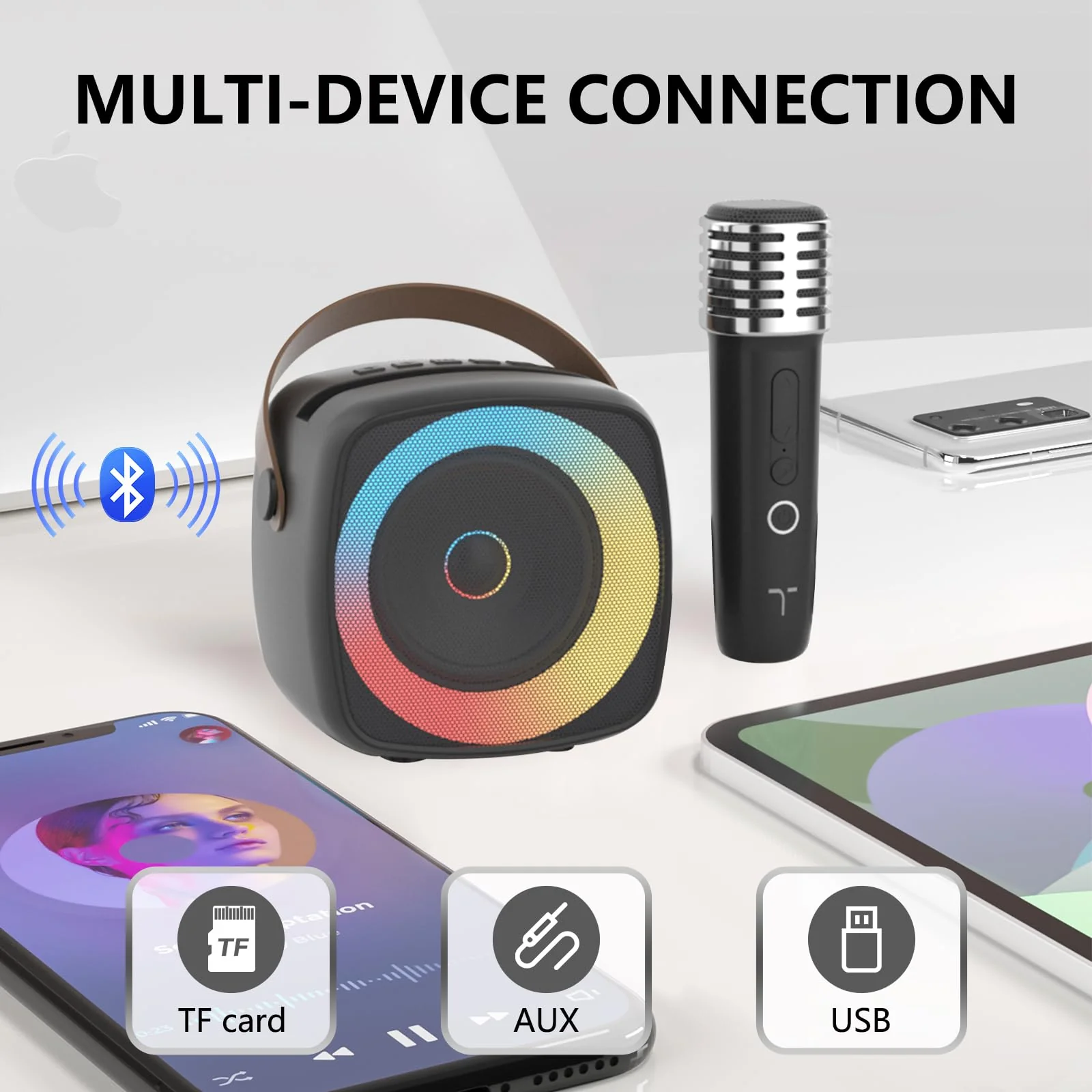 Karaoke Machine 2 Microphones for Home Party with Phone Holder, Wireless Portable Bluetooth Speaker with Dynamic Lights for Kids Adults Mini Voice Changer Mic Speaker Set for Halloween Christmas Girls Black - Image 8