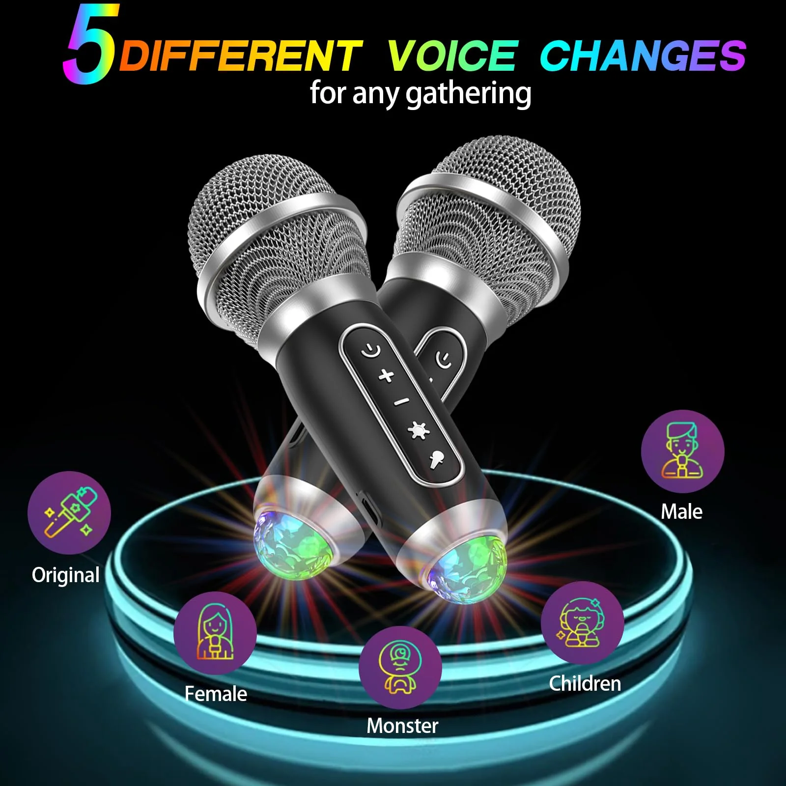 Karaoke Machine, 2 Wireless Karaoke Microphones with Disco Lights, Portable Bluetooth Speaker, Singing Machine with PA System for Adults Kids, Supports AUX/USB/TF for Home Party Indoor/Outdoor Silver 2mics - Image 3