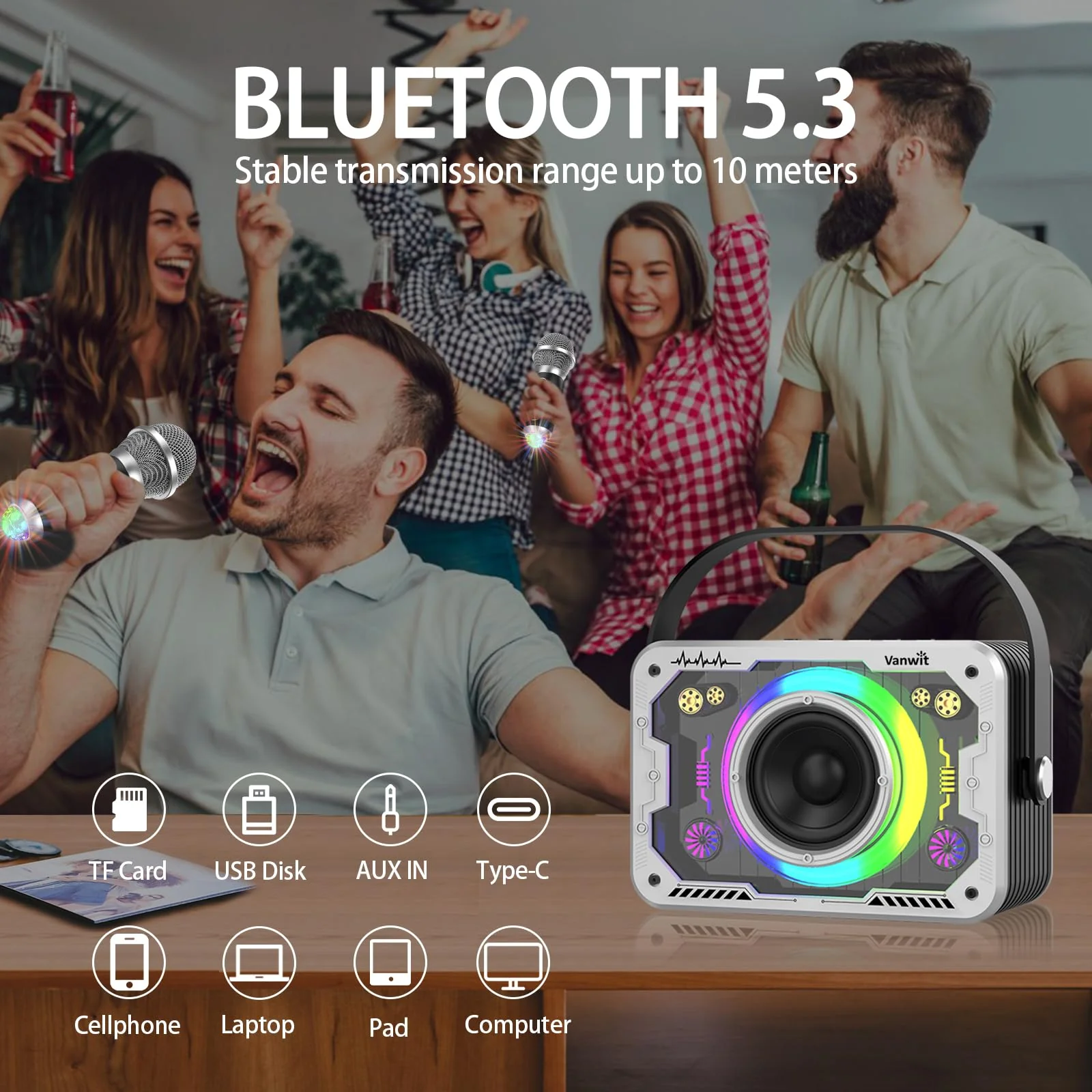 Karaoke Machine, 2 Wireless Karaoke Microphones with Disco Lights, Portable Bluetooth Speaker, Singing Machine with PA System for Adults Kids, Supports AUX/USB/TF for Home Party Indoor/Outdoor Silver 2mics - Image 6