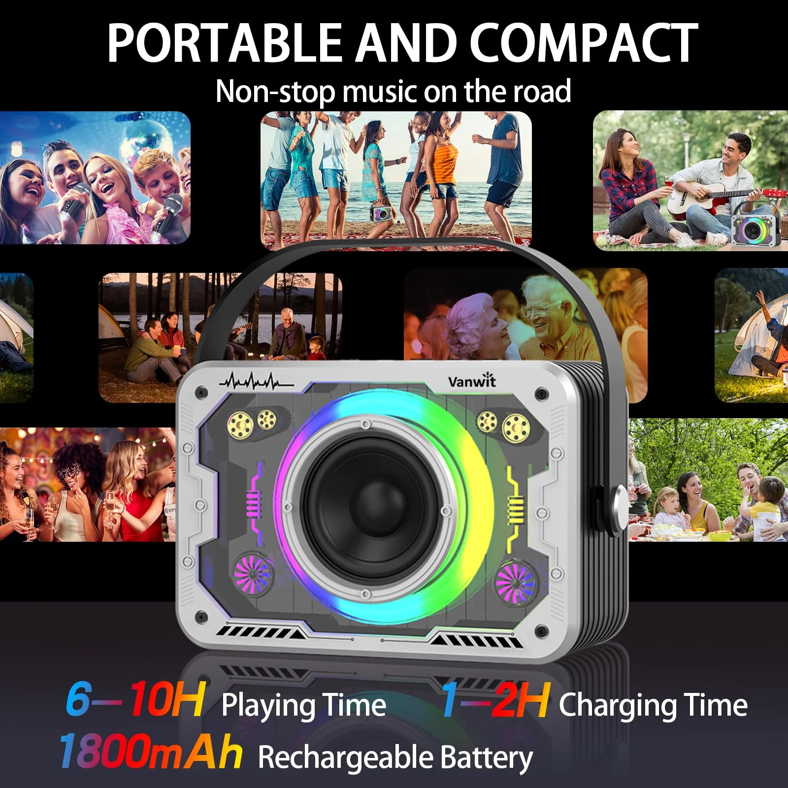 Karaoke Machine, 2 Wireless Karaoke Microphones with Disco Lights, Portable Bluetooth Speaker, Singing Machine with PA System for Adults Kids, Supports AUX/USB/TF for Home Party Indoor/Outdoor Silver 2mics - Image 7