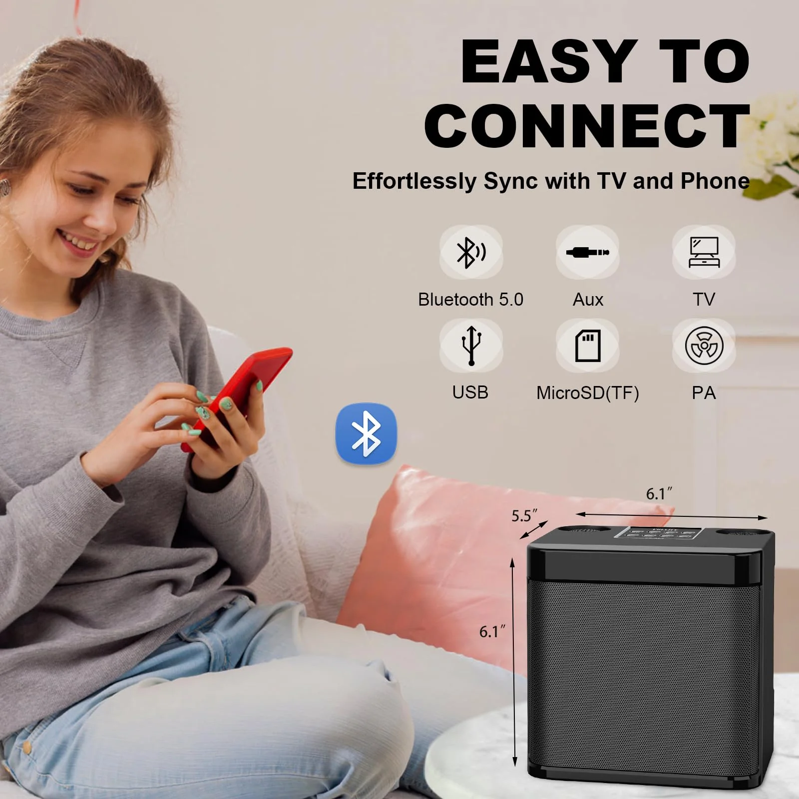 Karaoke Machine for Adults and Kids, FULLIFE Portable Bluetooth PA Speaker System with 2 UHF Wireless Microphones, Karaoke Speaker with Echo, Supports TF/USB, AUX in, for Home Party (YS203-Black) YS203-Black - Image 2