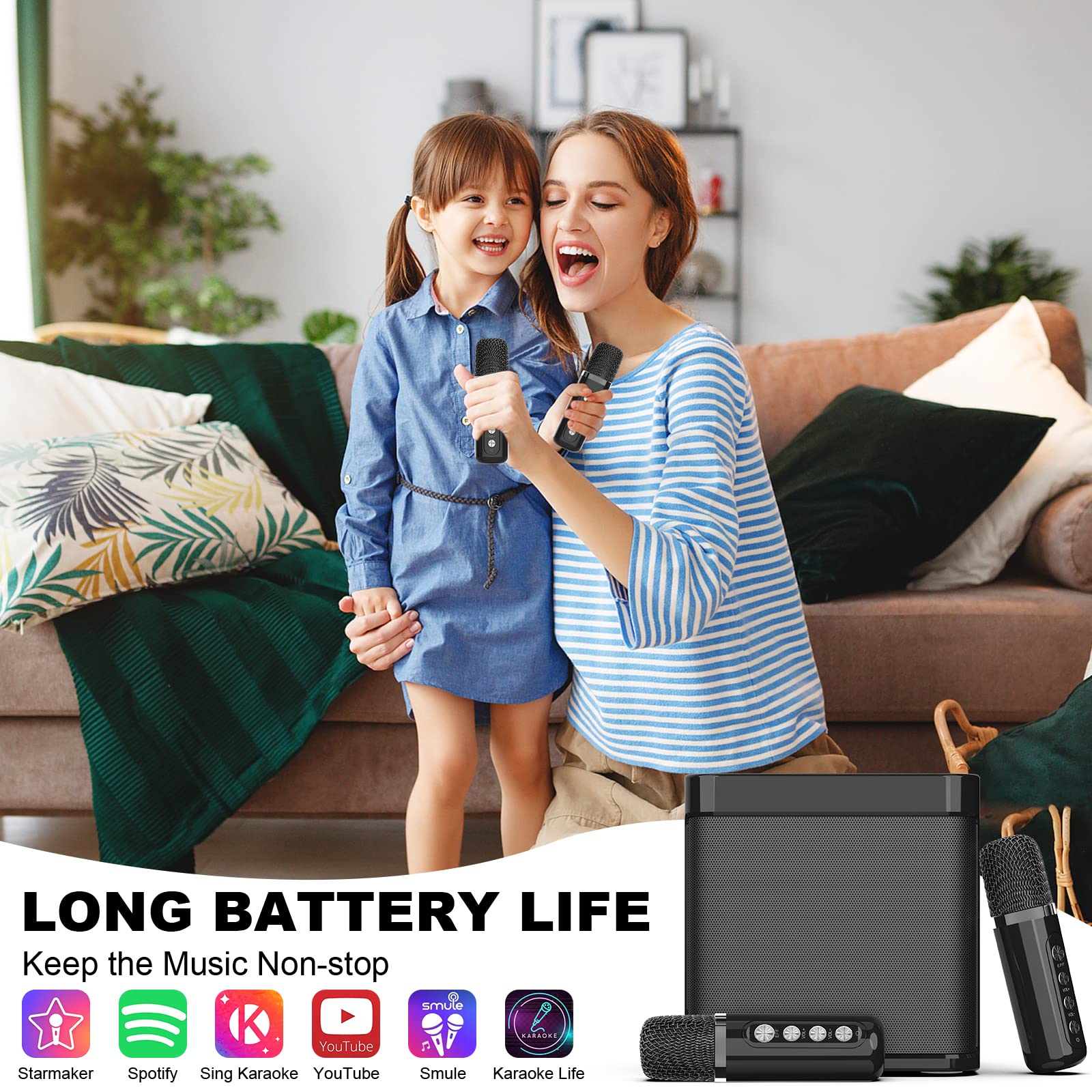 Karaoke Machine for Adults and Kids, FULLIFE Portable Bluetooth PA Speaker System with 2 UHF Wireless Microphones, Karaoke Speaker with Echo, Supports TF/USB, AUX in, for Home Party (YS203-Black) YS203-Black - Image 3