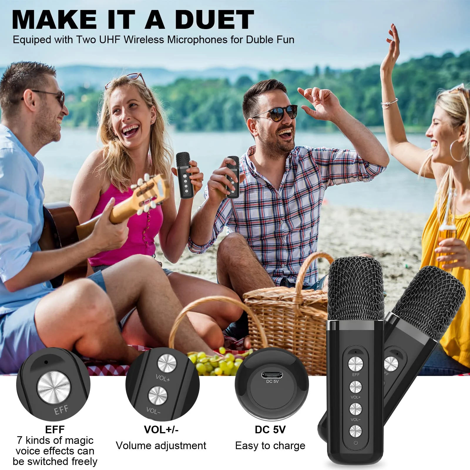 Karaoke Machine for Adults and Kids, FULLIFE Portable Bluetooth PA Speaker System with 2 UHF Wireless Microphones, Karaoke Speaker with Echo, Supports TF/USB, AUX in, for Home Party (YS203-Black) YS203-Black - Image 4