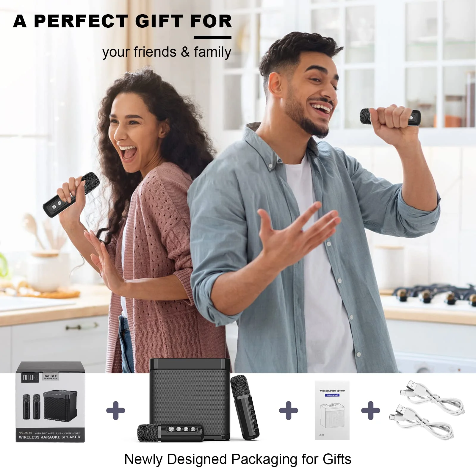 Karaoke Machine for Adults and Kids, FULLIFE Portable Bluetooth PA Speaker System with 2 UHF Wireless Microphones, Karaoke Speaker with Echo, Supports TF/USB, AUX in, for Home Party (YS203-Black) YS203-Black - Image 5