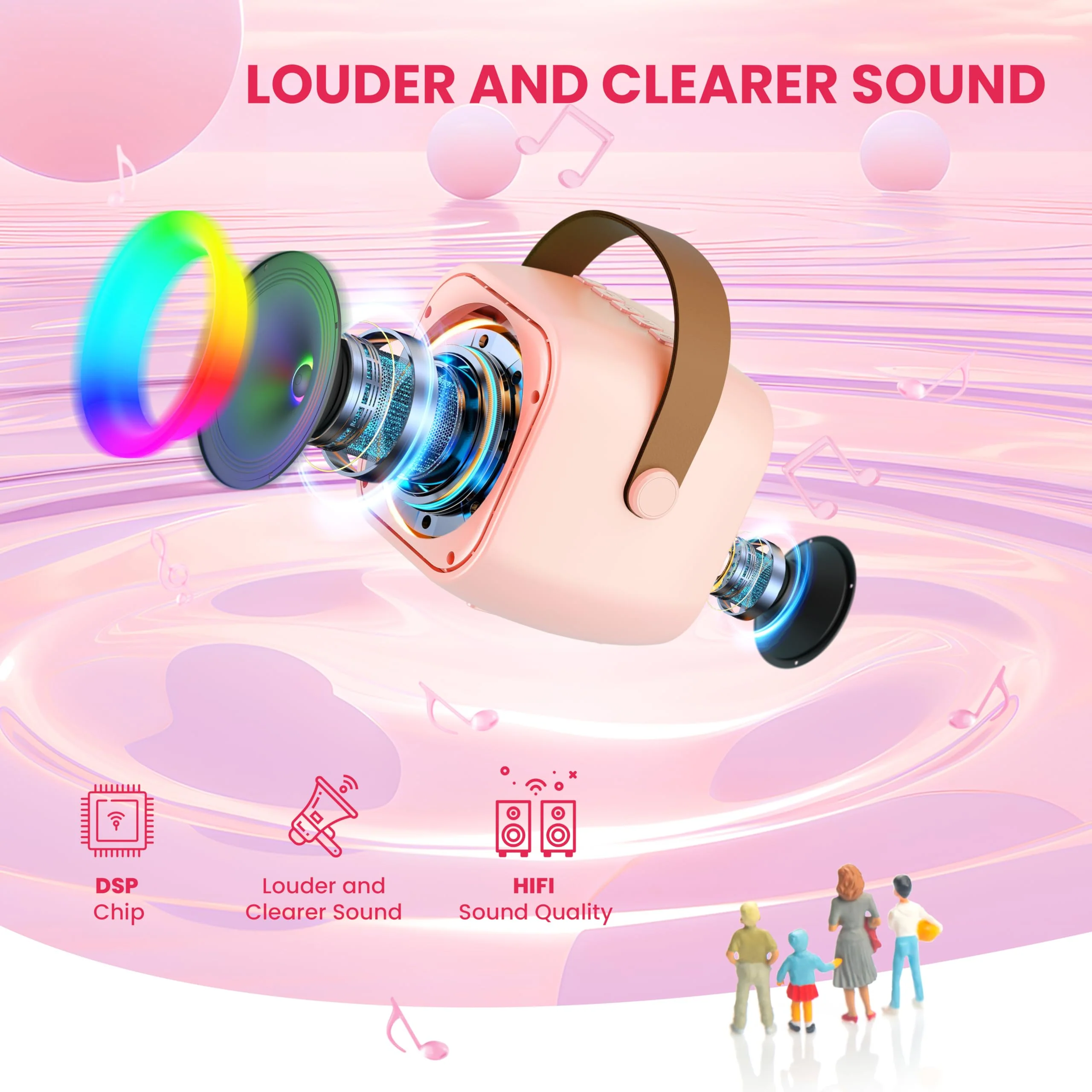 Karaoke Machine for Kids Adults, Mini Portable Bluetooth Karaoke Speaker with 2 Wireless Microphone and Lights, Birthday Gifts for Girls Ages 4, 5, 6, 7, 8, 9, 10, 12+ Family Home Party 2 Mics Pinkcolor - Image 2