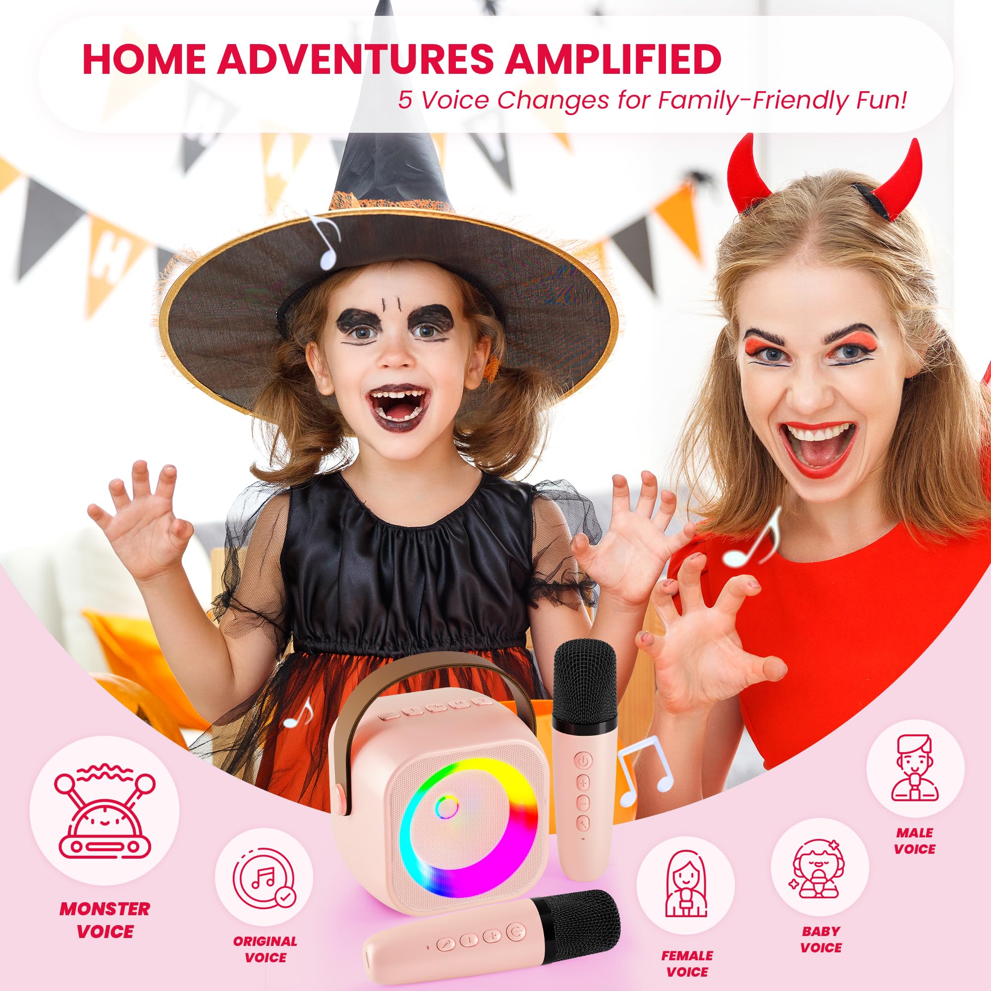 Karaoke Machine for Kids Adults, Mini Portable Bluetooth Karaoke Speaker with 2 Wireless Microphone and Lights, Birthday Gifts for Girls Ages 4, 5, 6, 7, 8, 9, 10, 12+ Family Home Party 2 Mics Pinkcolor - Image 3