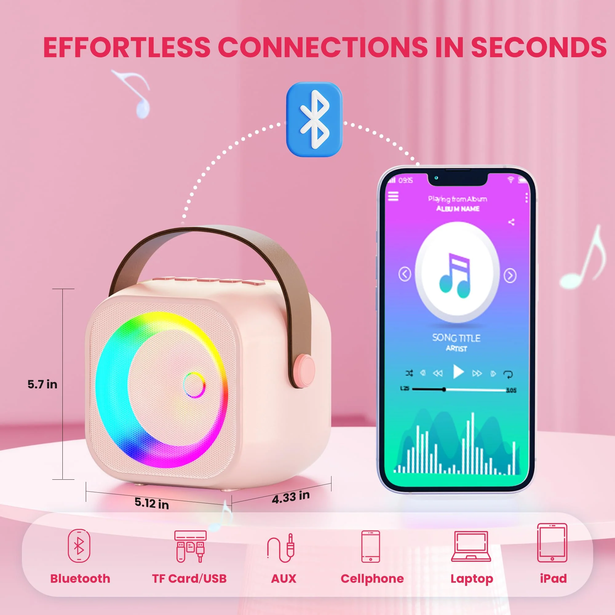 Karaoke Machine for Kids Adults, Mini Portable Bluetooth Karaoke Speaker with 2 Wireless Microphone and Lights, Birthday Gifts for Girls Ages 4, 5, 6, 7, 8, 9, 10, 12+ Family Home Party 2 Mics Pinkcolor - Image 4