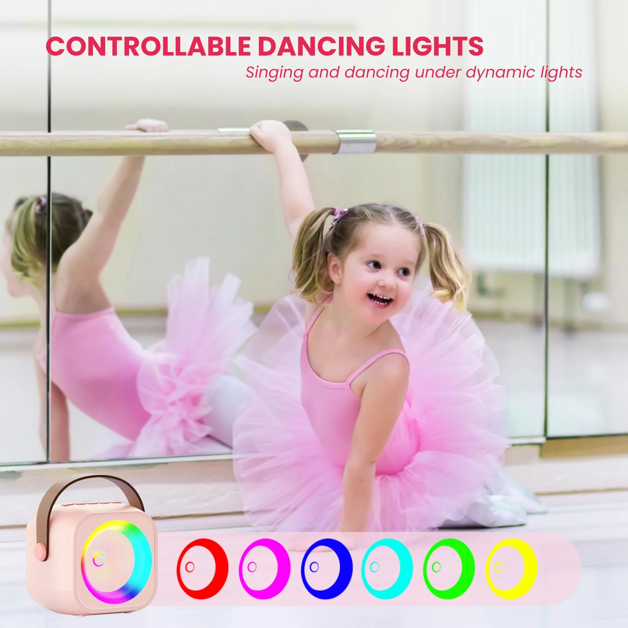 Karaoke Machine for Kids Adults, Mini Portable Bluetooth Karaoke Speaker with 2 Wireless Microphone and Lights, Birthday Gifts for Girls Ages 4, 5, 6, 7, 8, 9, 10, 12+ Family Home Party 2 Mics Pinkcolor - Image 5