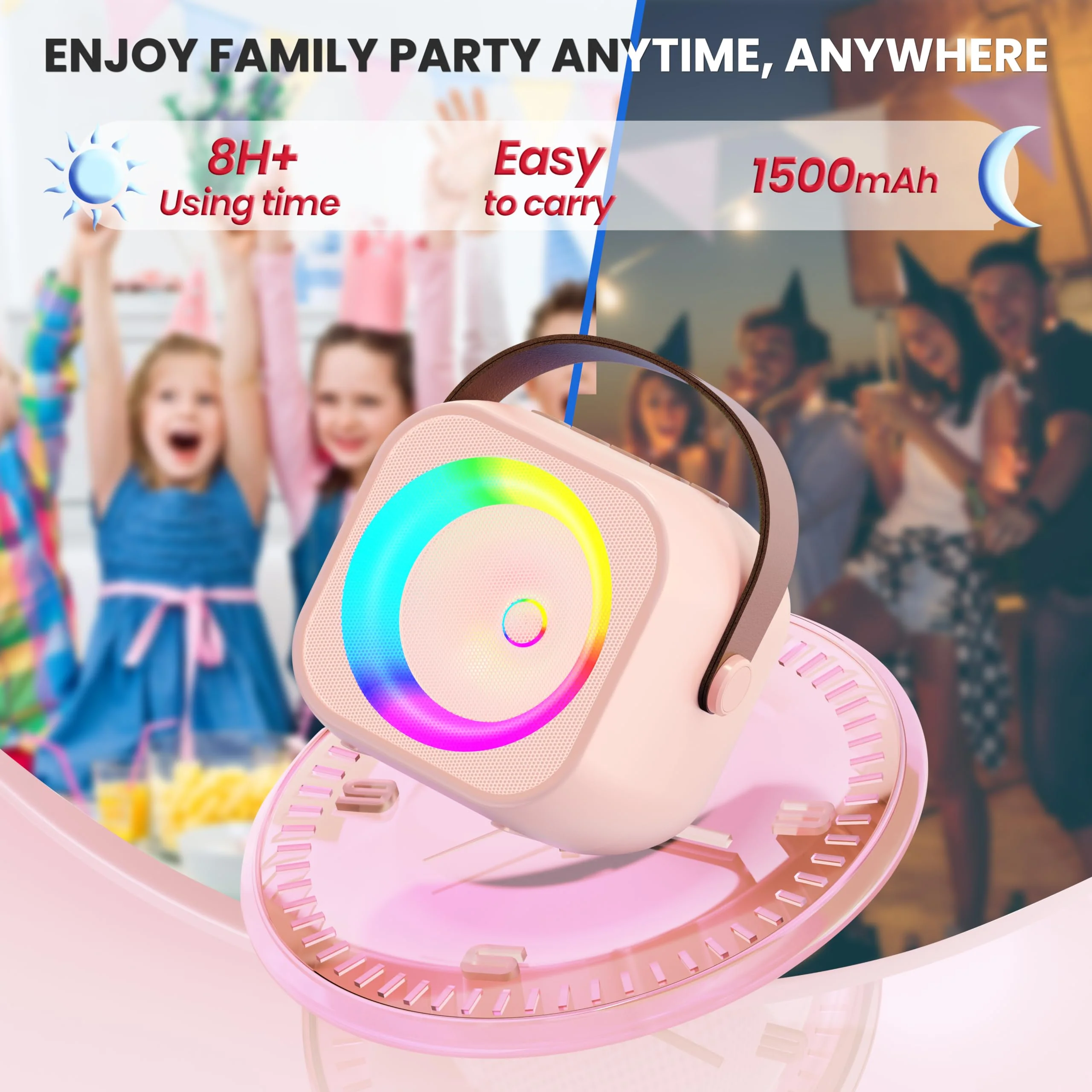 Karaoke Machine for Kids Adults, Mini Portable Bluetooth Karaoke Speaker with 2 Wireless Microphone and Lights, Birthday Gifts for Girls Ages 4, 5, 6, 7, 8, 9, 10, 12+ Family Home Party 2 Mics Pinkcolor - Image 6