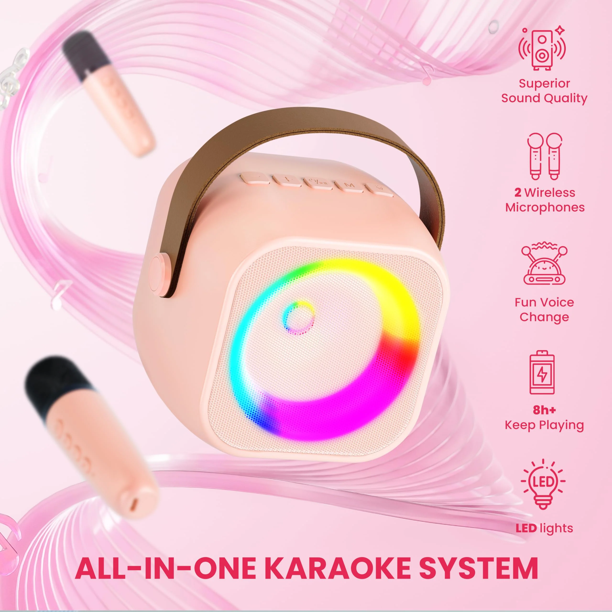 Karaoke Machine for Kids Adults, Mini Portable Bluetooth Karaoke Speaker with 2 Wireless Microphone and Lights, Birthday Gifts for Girls Ages 4, 5, 6, 7, 8, 9, 10, 12+ Family Home Party 2 Mics Pinkcolor - Image 7