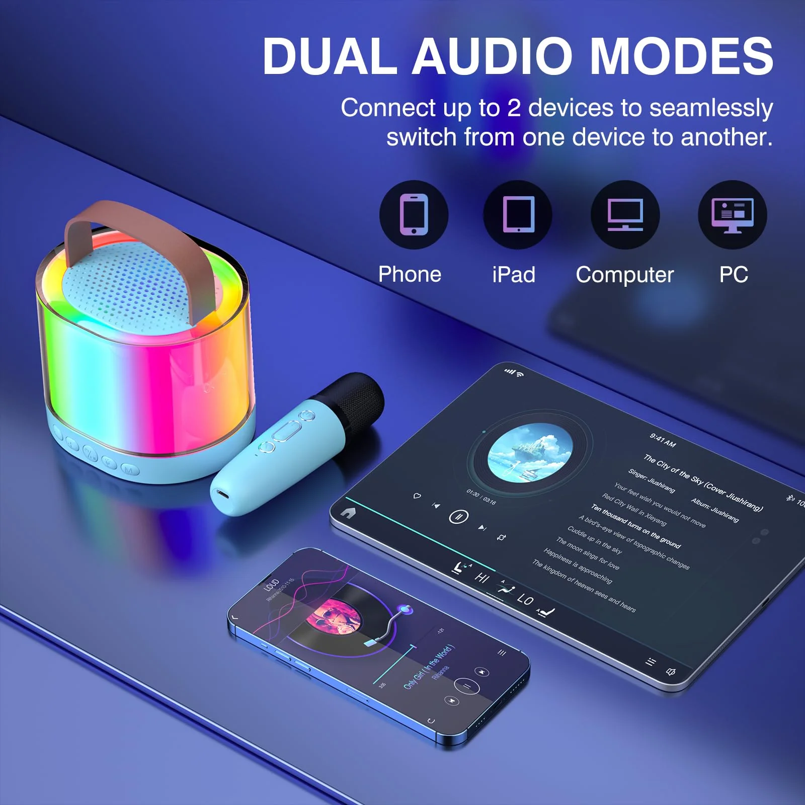 Karaoke Machine for Kids Adults, Mini Portable Bluetooth Karaoke Speaker with 2 Wireless Microphone and Lights, Birthday Gifts for Girls Ages 4, 5, 6, 7, 8, 9, 10, 12+ Family Home Party - Image 3