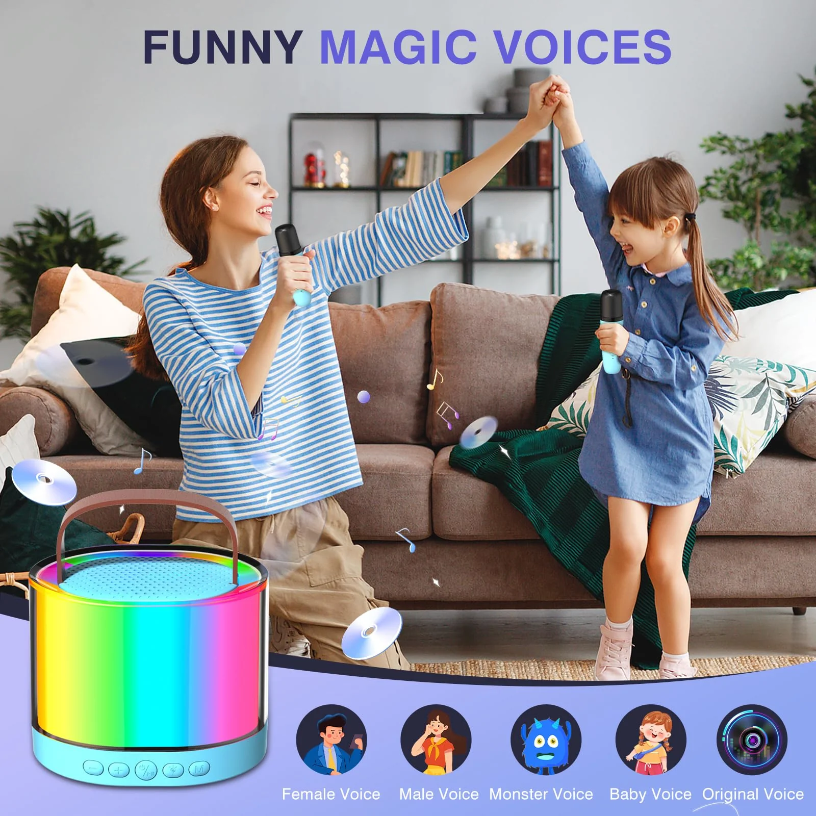 Karaoke Machine for Kids Adults, Mini Portable Bluetooth Karaoke Speaker with 2 Wireless Microphone and Lights, Birthday Gifts for Girls Ages 4, 5, 6, 7, 8, 9, 10, 12+ Family Home Party - Image 8