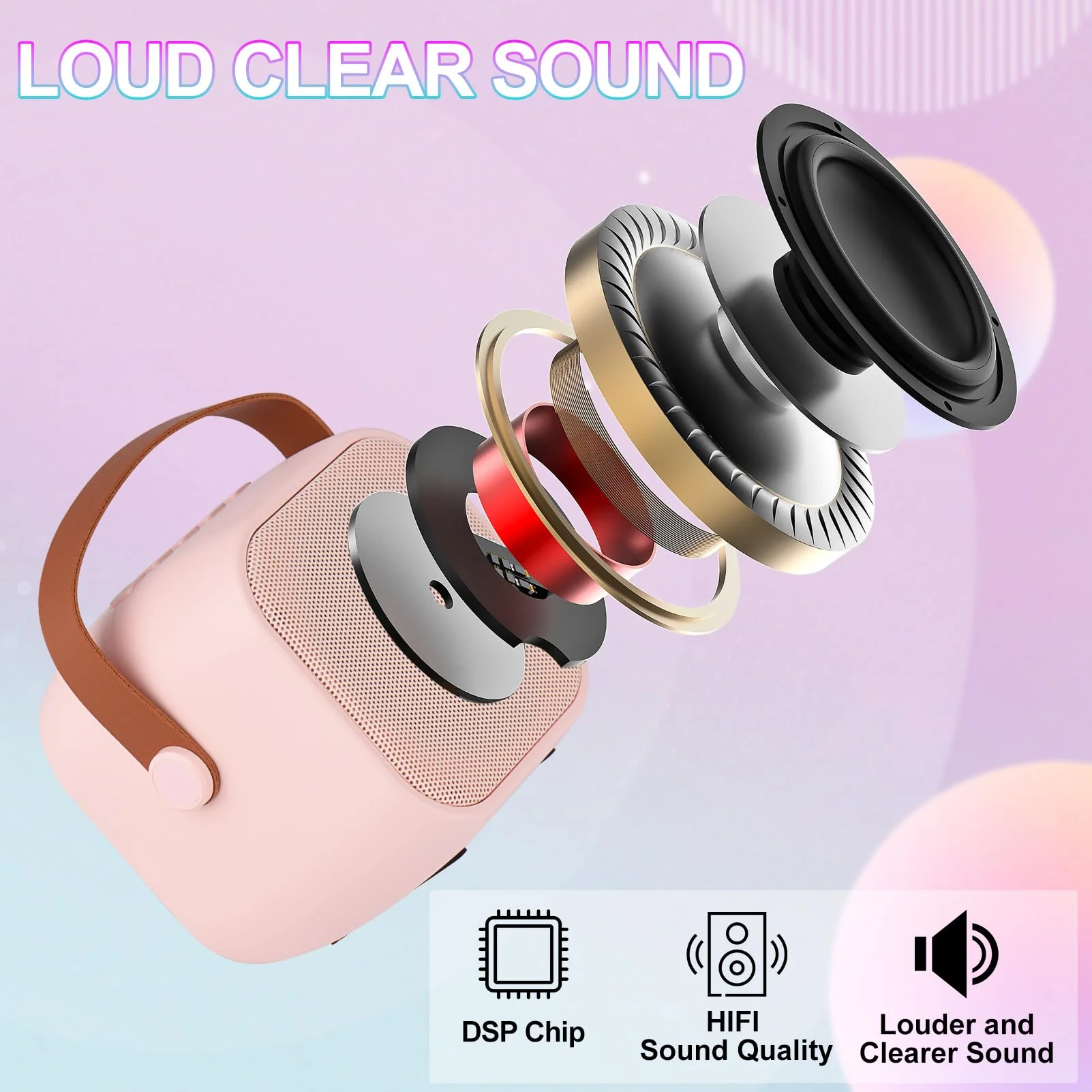 Karaoke Machine for Kids Adults, Mini Portable Bluetooth Karaoke Speaker with 2 Wireless Microphone and Lights,Toys for All Smartphones,Birthday, Family,Home Party Pinkcolor - Image 2