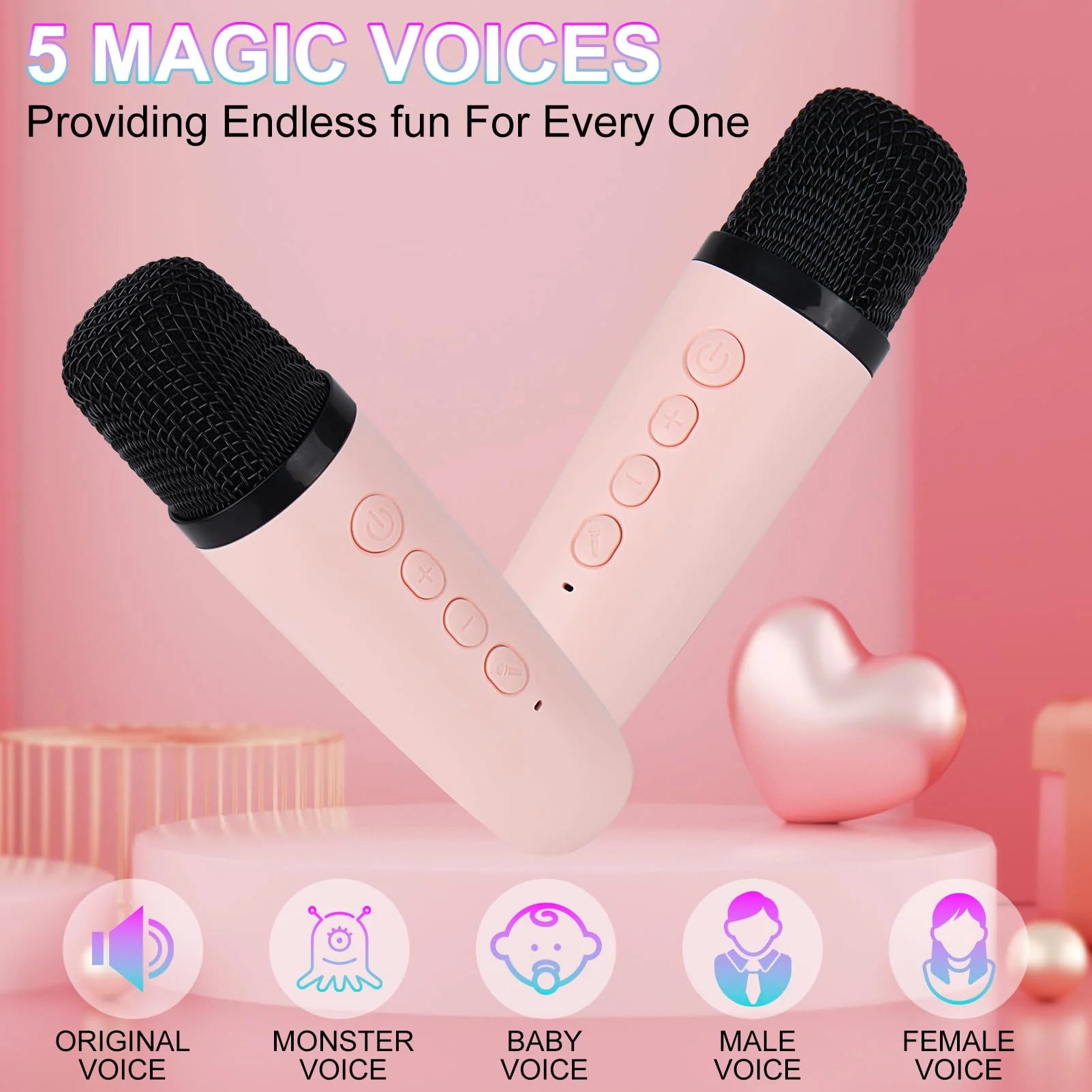 Karaoke Machine for Kids Adults, Mini Portable Bluetooth Karaoke Speaker with 2 Wireless Microphone and Lights,Toys for All Smartphones,Birthday, Family,Home Party Pinkcolor - Image 3