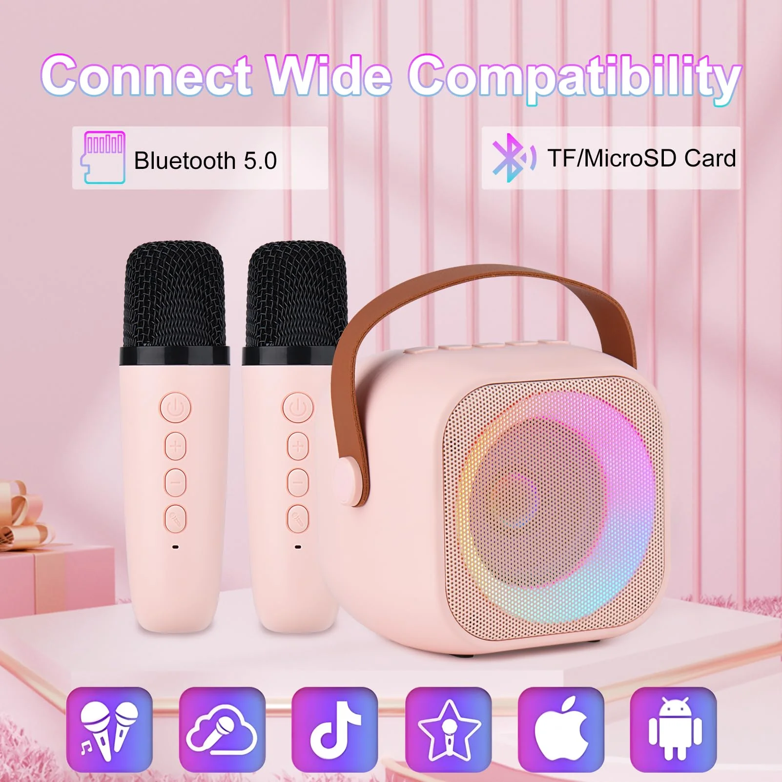 Karaoke Machine for Kids Adults, Mini Portable Bluetooth Karaoke Speaker with 2 Wireless Microphone and Lights,Toys for All Smartphones,Birthday, Family,Home Party Pinkcolor - Image 4