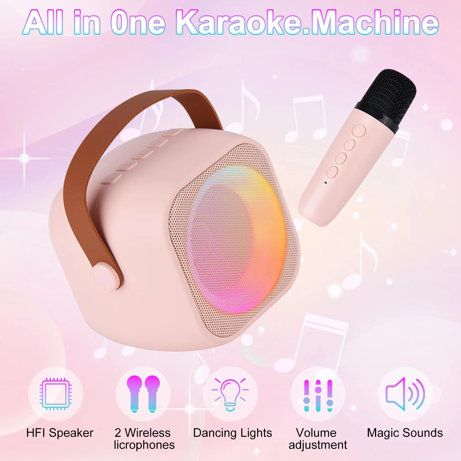 Karaoke Machine for Kids Adults, Mini Portable Bluetooth Karaoke Speaker with 2 Wireless Microphone and Lights,Toys for All Smartphones,Birthday, Family,Home Party Pinkcolor - Image 5
