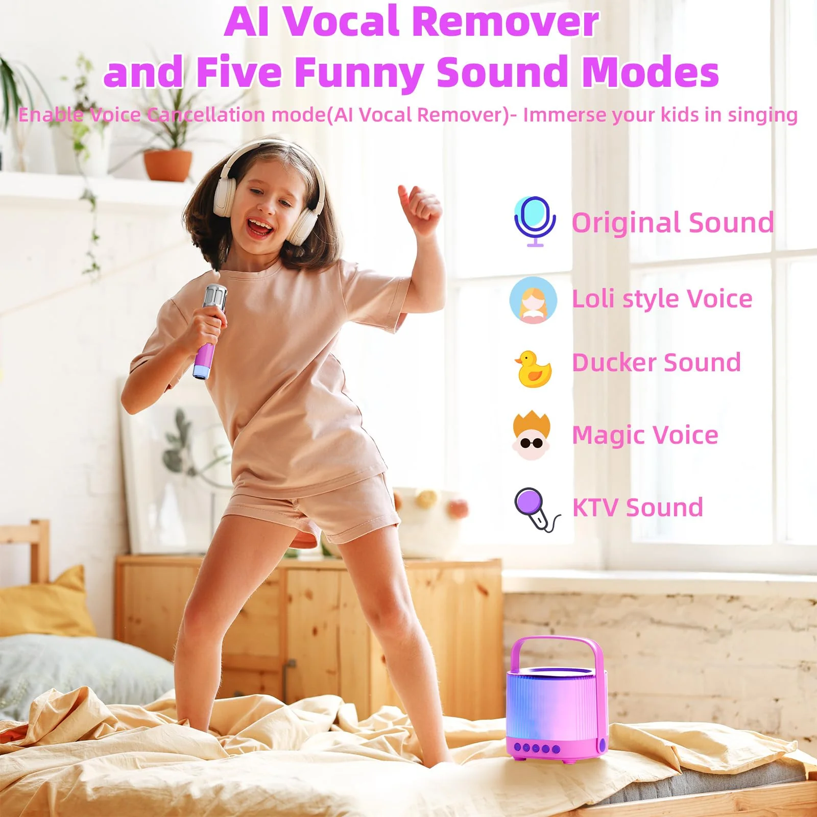 Karaoke Machine for Kids Adults Portable Bluetooth 5.3 Speaker with 2 Wireless Microphones, Five LED Disco Lights Modes, Five Funny Sound Modes, for Girls Boys Home Party-Pink Pink - Image 2