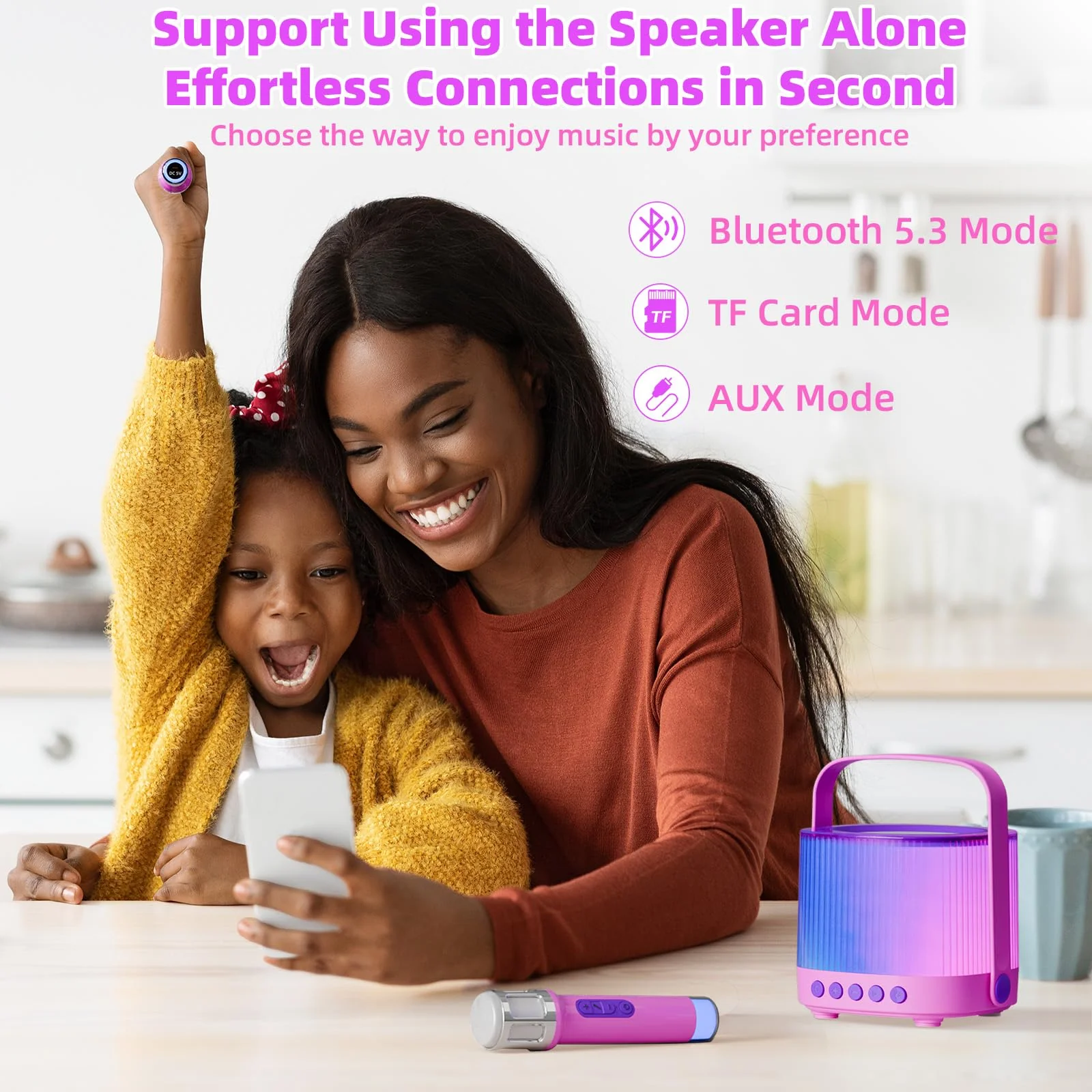 Karaoke Machine for Kids Adults Portable Bluetooth 5.3 Speaker with 2 Wireless Microphones, Five LED Disco Lights Modes, Five Funny Sound Modes, for Girls Boys Home Party-Pink Pink - Image 5