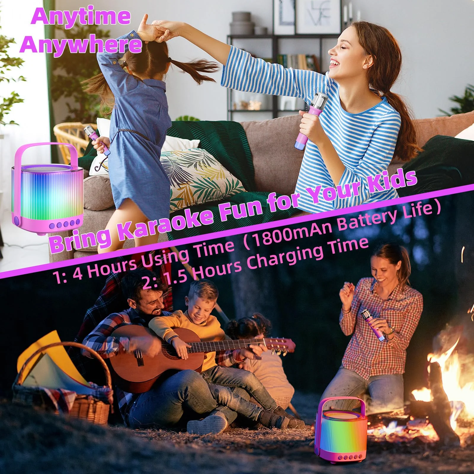 Karaoke Machine for Kids Adults Portable Bluetooth 5.3 Speaker with 2 Wireless Microphones, Five LED Disco Lights Modes, Five Funny Sound Modes, for Girls Boys Home Party-Pink Pink - Image 6