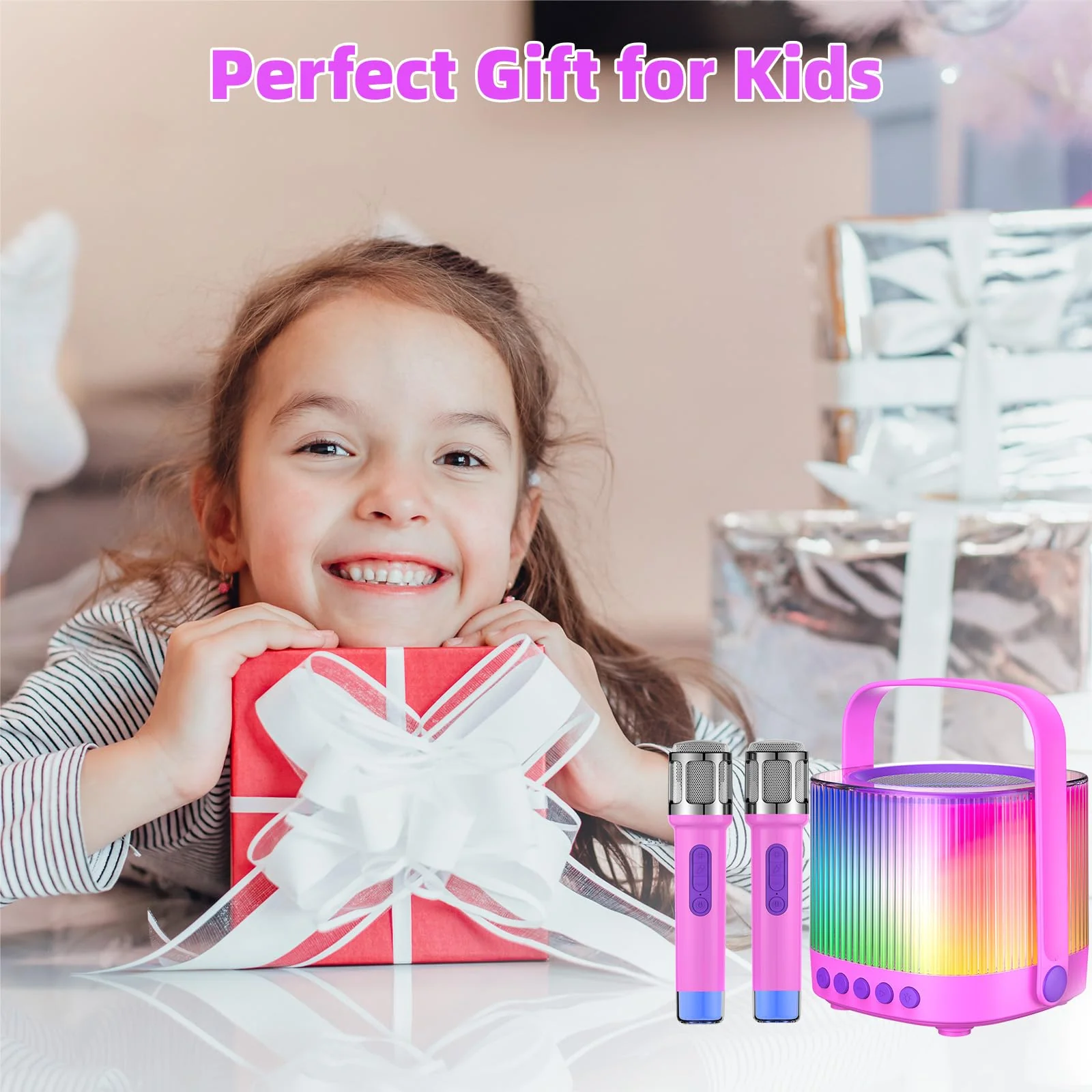 Karaoke Machine for Kids Adults Portable Bluetooth 5.3 Speaker with 2 Wireless Microphones, Five LED Disco Lights Modes, Five Funny Sound Modes, for Girls Boys Home Party-Pink Pink - Image 7