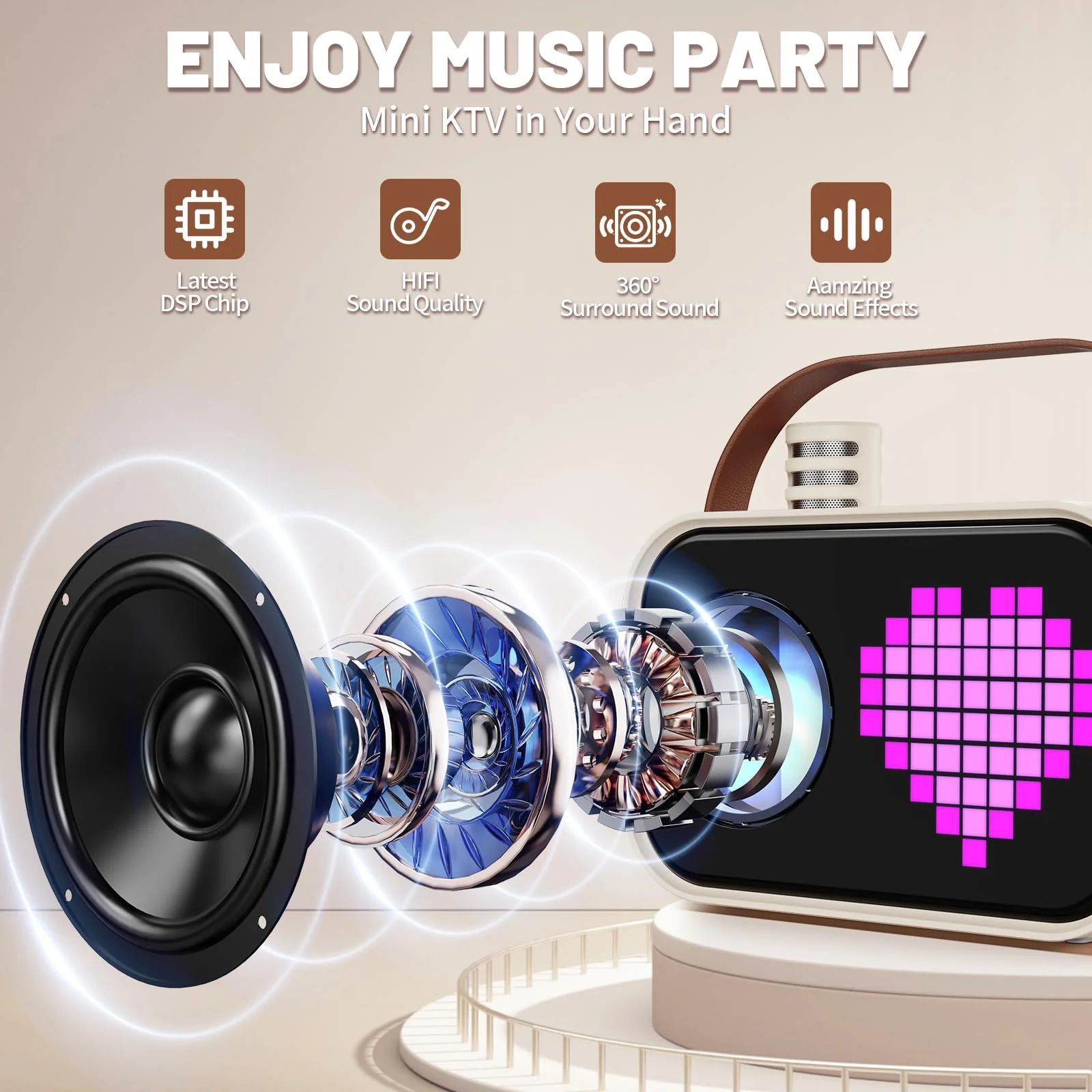 Karaoke Machine for Kids Adults, Portable Bluetooth Karaoke Speaker with 2 Wireless Microphones, Pixel Display Light, Birthday Gifts Toys for Girls & Boys Ages 3, 4, 5, 6, 7, 8, 9,10,11,12+ Years 2 Mics Beige - Image 2