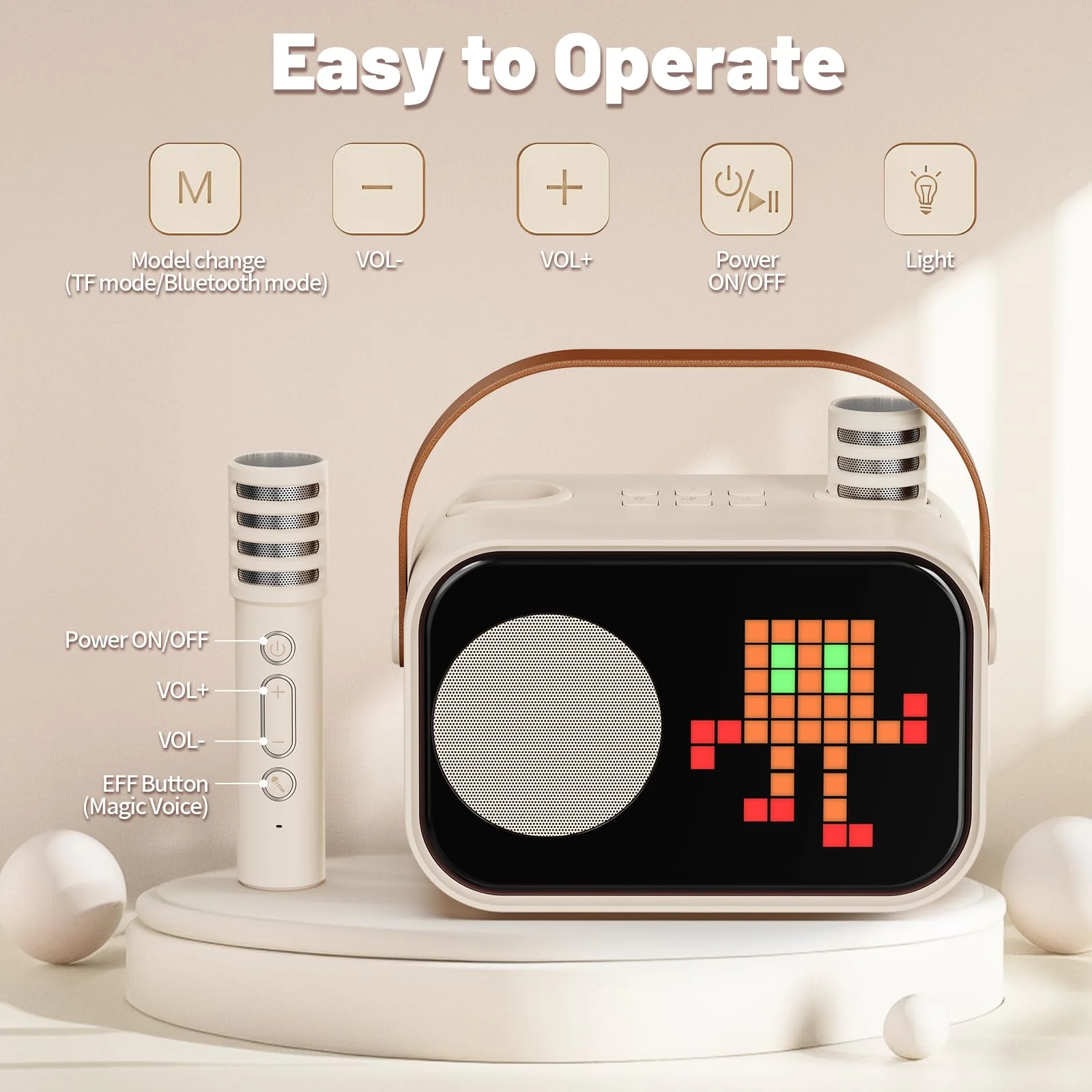 Karaoke Machine for Kids Adults, Portable Bluetooth Karaoke Speaker with 2 Wireless Microphones, Pixel Display Light, Birthday Gifts Toys for Girls & Boys Ages 3, 4, 5, 6, 7, 8, 9,10,11,12+ Years 2 Mics Beige - Image 3