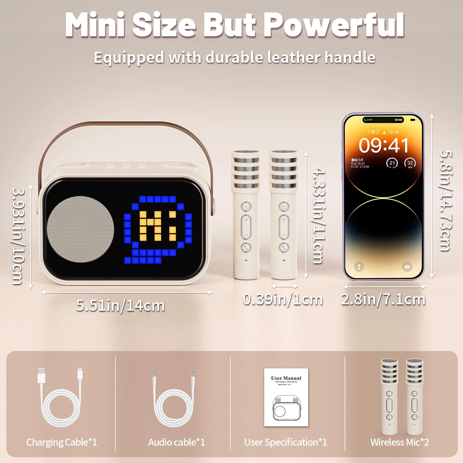 Karaoke Machine for Kids Adults, Portable Bluetooth Karaoke Speaker with 2 Wireless Microphones, Pixel Display Light, Birthday Gifts Toys for Girls & Boys Ages 3, 4, 5, 6, 7, 8, 9,10,11,12+ Years 2 Mics Beige - Image 4