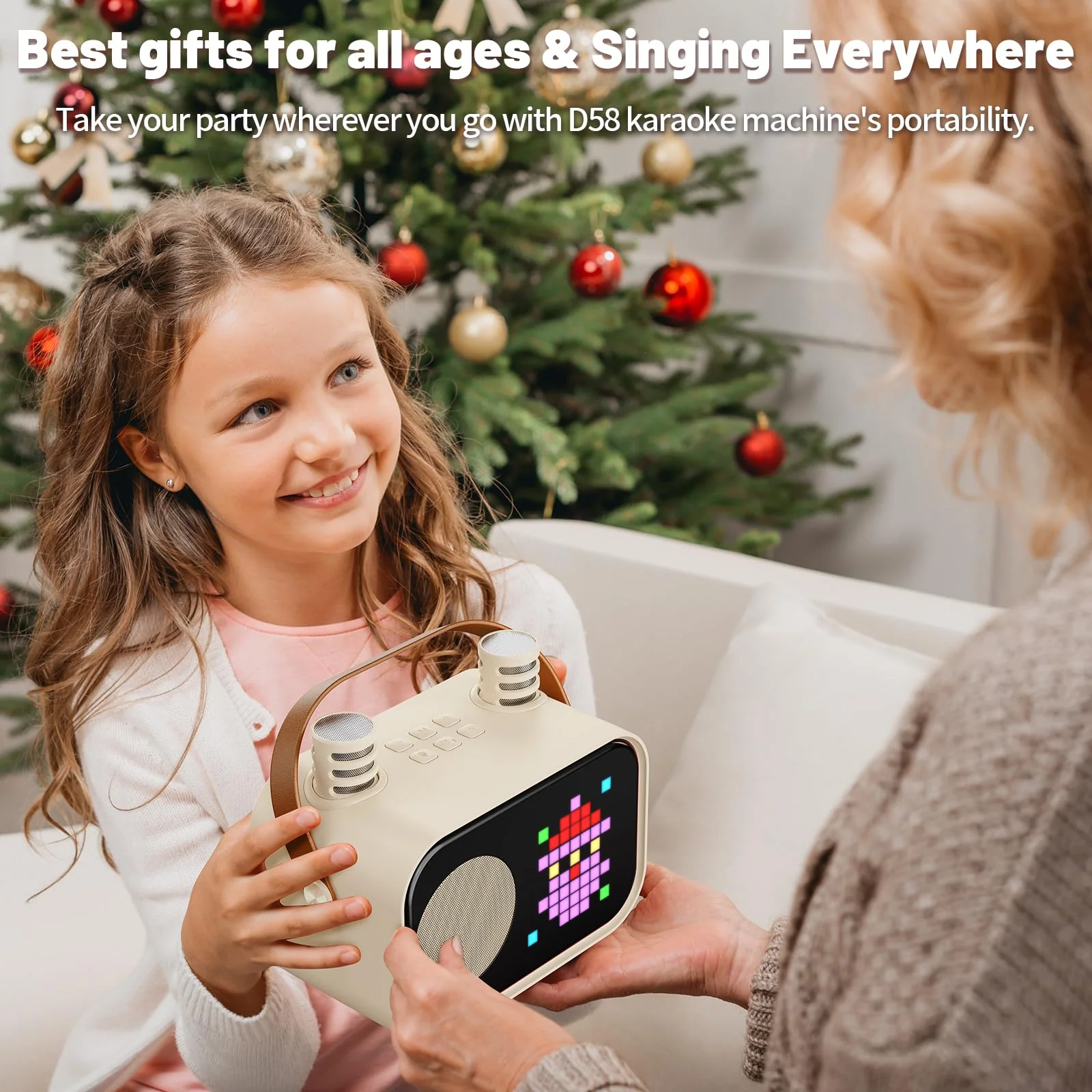 Karaoke Machine for Kids Adults, Portable Bluetooth Karaoke Speaker with 2 Wireless Microphones, Pixel Display Light, Birthday Gifts Toys for Girls & Boys Ages 3, 4, 5, 6, 7, 8, 9,10,11,12+ Years 2 Mics Beige - Image 5