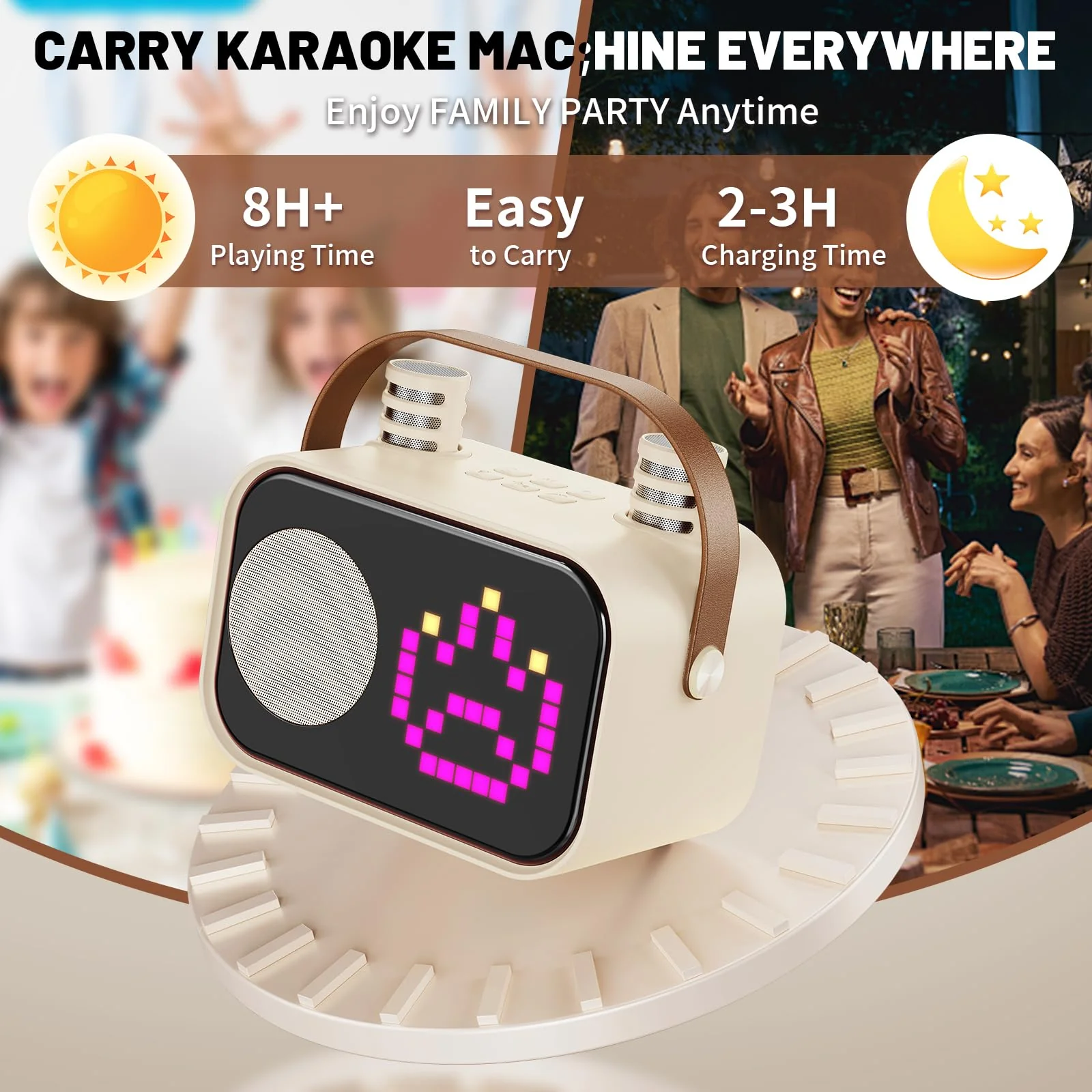 Karaoke Machine for Kids Adults, Portable Bluetooth Karaoke Speaker with 2 Wireless Microphones, Pixel Display Light, Birthday Gifts Toys for Girls & Boys Ages 3, 4, 5, 6, 7, 8, 9,10,11,12+ Years 2 Mics Beige - Image 7