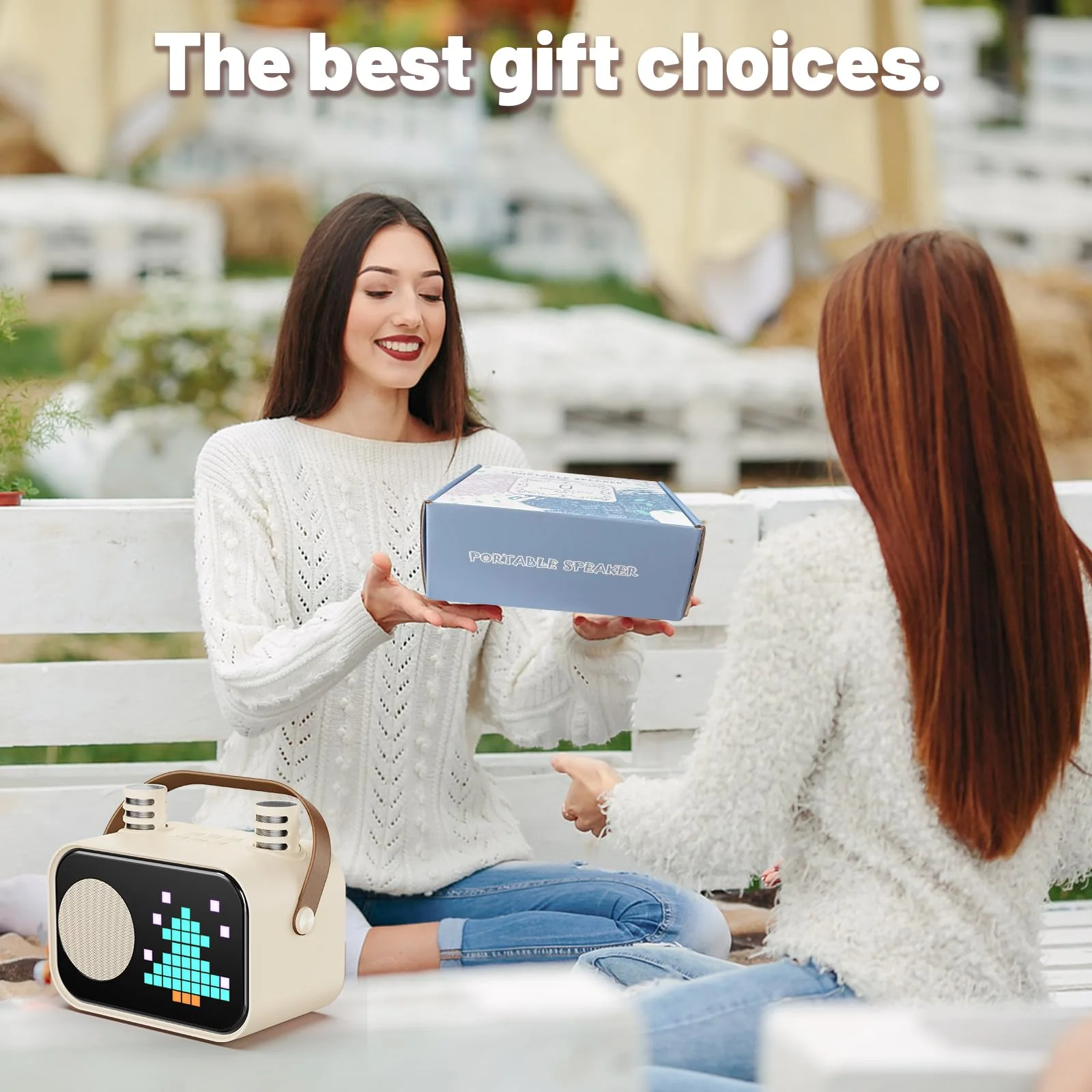 Karaoke Machine for Kids Adults, Portable Bluetooth Karaoke Speaker with 2 Wireless Microphones, Pixel Display Light, Birthday Gifts Toys for Girls & Boys Ages 3, 4, 5, 6, 7, 8, 9,10,11,12+ Years 2 Mics Beige - Image 8
