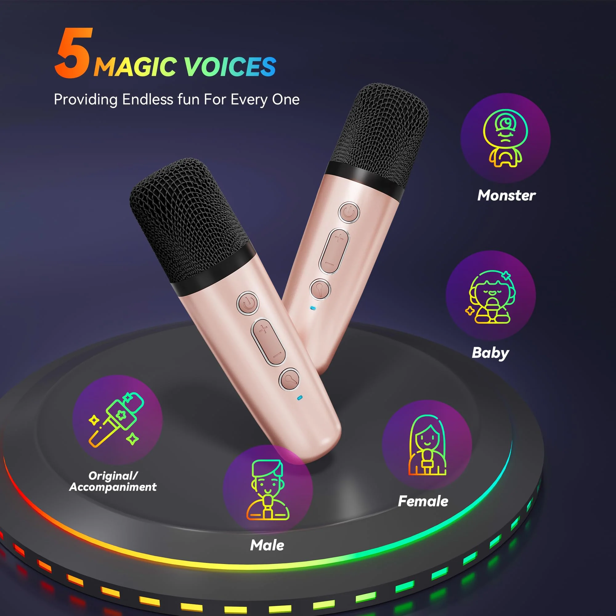Karaoke Machine for Kids Adults, Portable Bluetooth Mini Karaoke Microphone Singing Speaker with 2 Wireless Mic and Light,Toys for All Smartphones,Birthday, Family,Home Party (Rose Gold) rose gold - Image 3