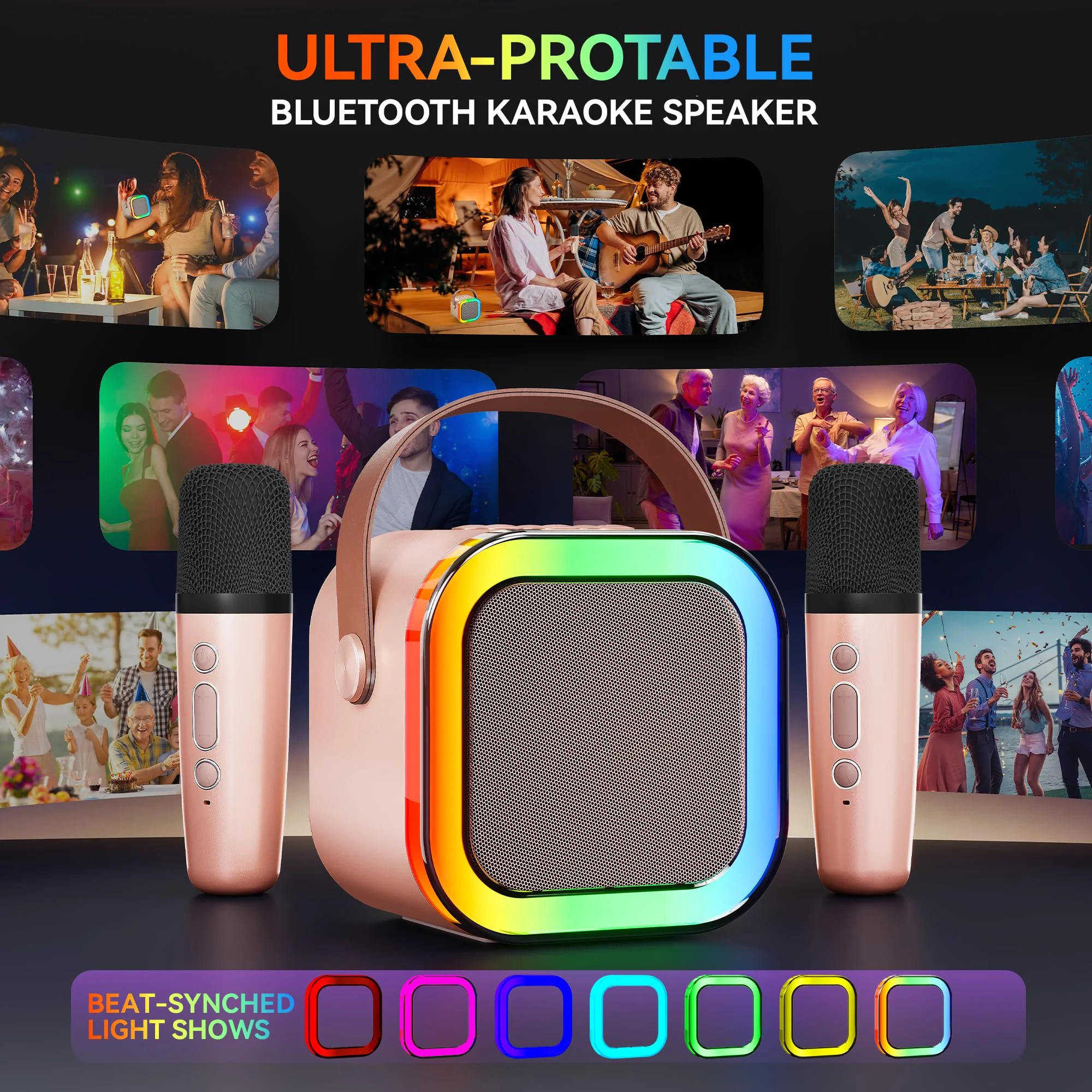 Karaoke Machine for Kids Adults, Portable Bluetooth Mini Karaoke Microphone Singing Speaker with 2 Wireless Mic and Light,Toys for All Smartphones,Birthday, Family,Home Party (Rose Gold) rose gold - Image 6